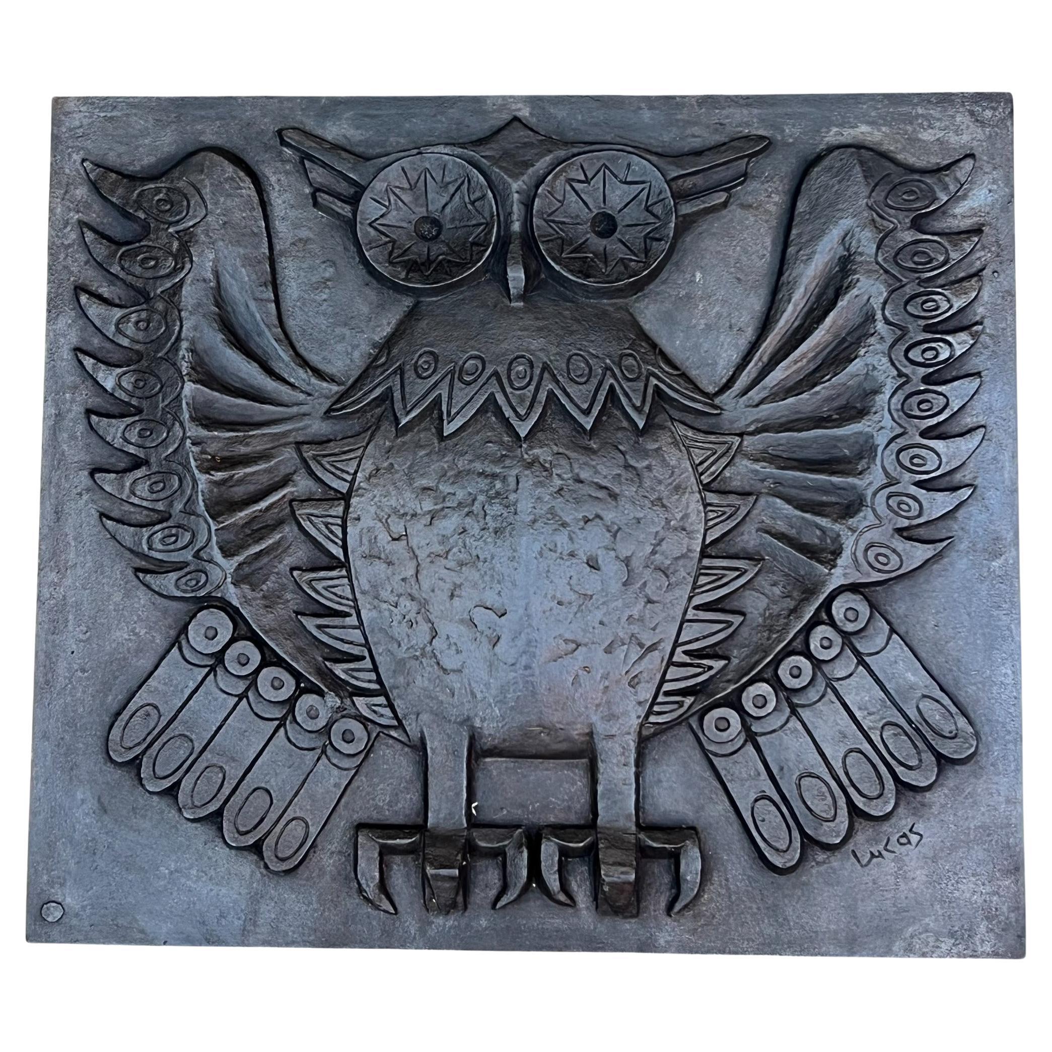 Modernist Cast Iron Fireback showing an Owl Signed Lucas by Foundery Stern For Sale