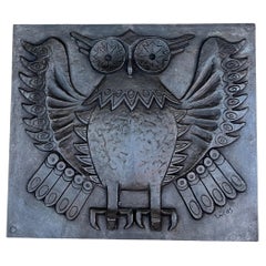 Modernist Cast Iron Fireback showing an Owl Signed Lucas by Foundery Stern