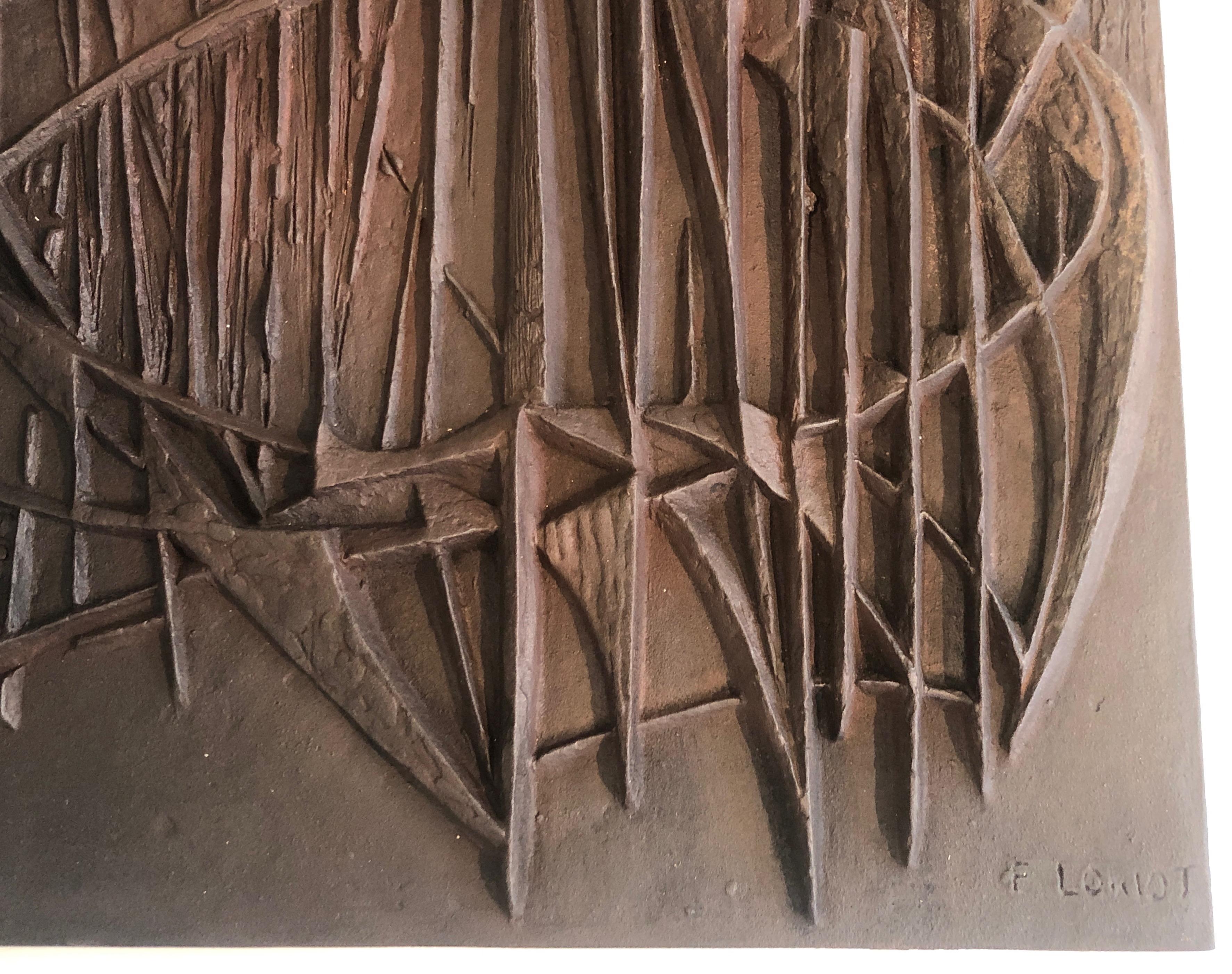 Plaque de cheminée moderniste en fonte, signée F. Loriot, française, datant d'environ 1970 3