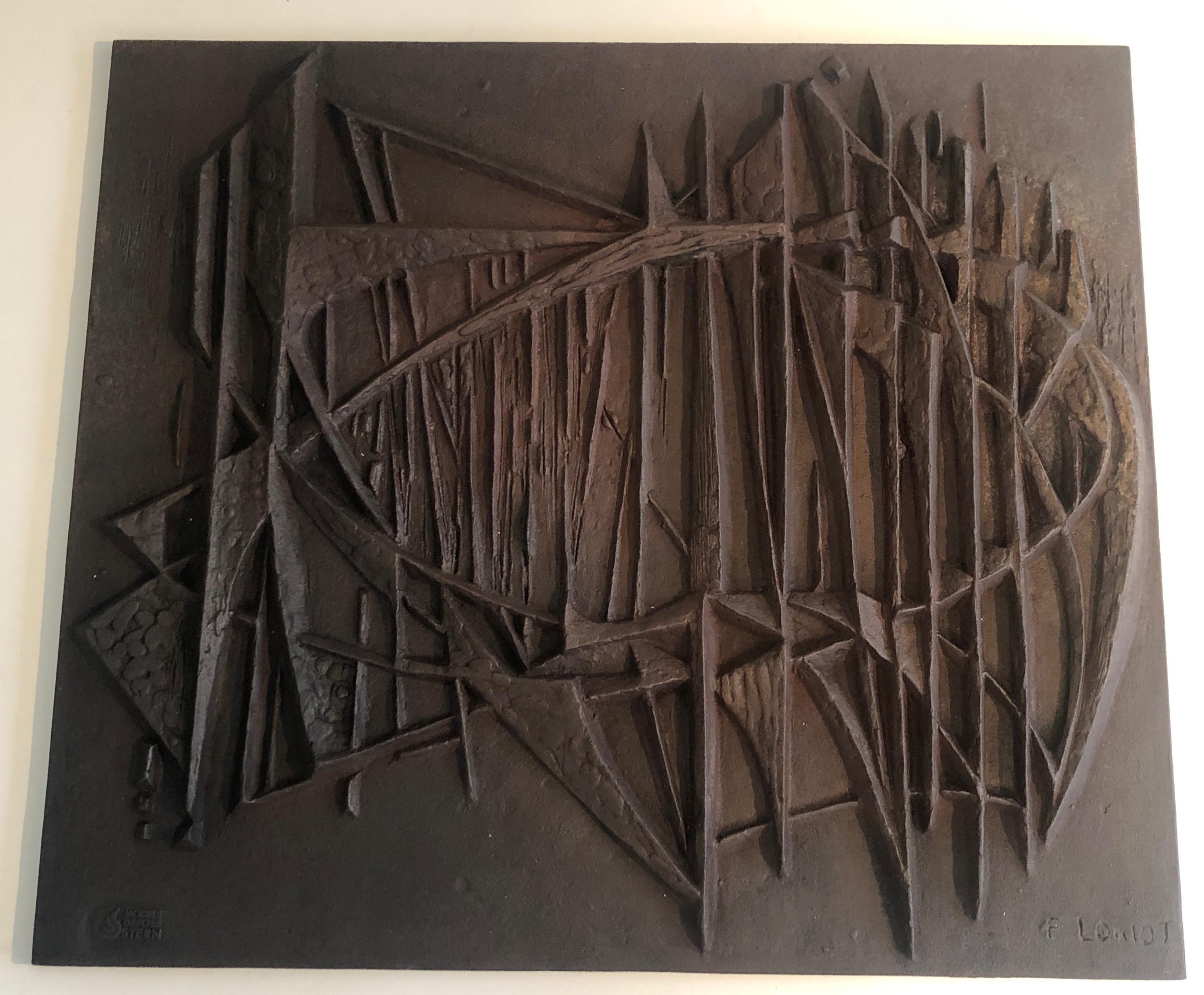 Plaque de cheminée moderniste en fonte, signée F. Loriot, française, datant d'environ 1970 4