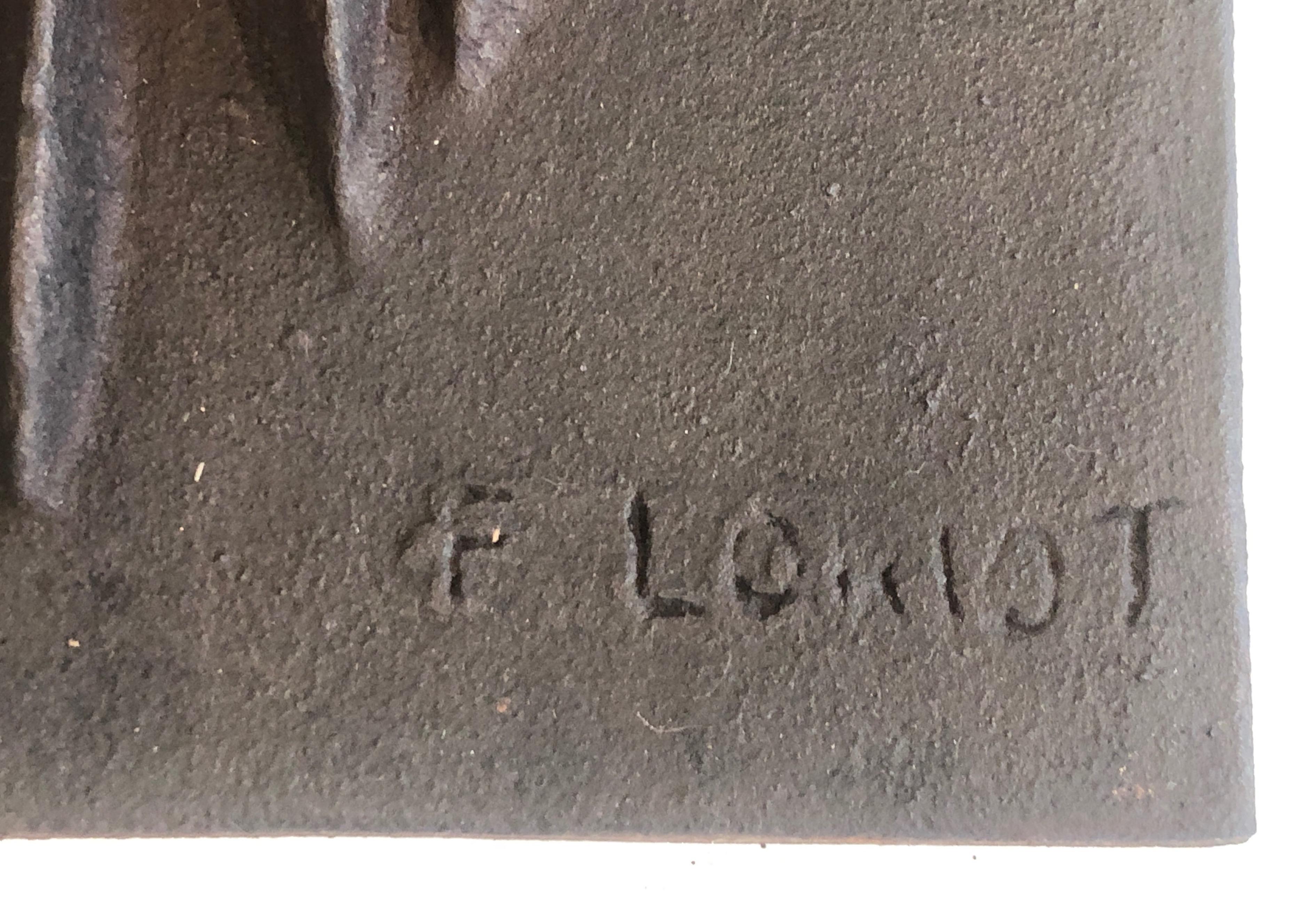 Plaque de cheminée moderniste en fonte, signée F. Loriot, française, datant d'environ 1970 10