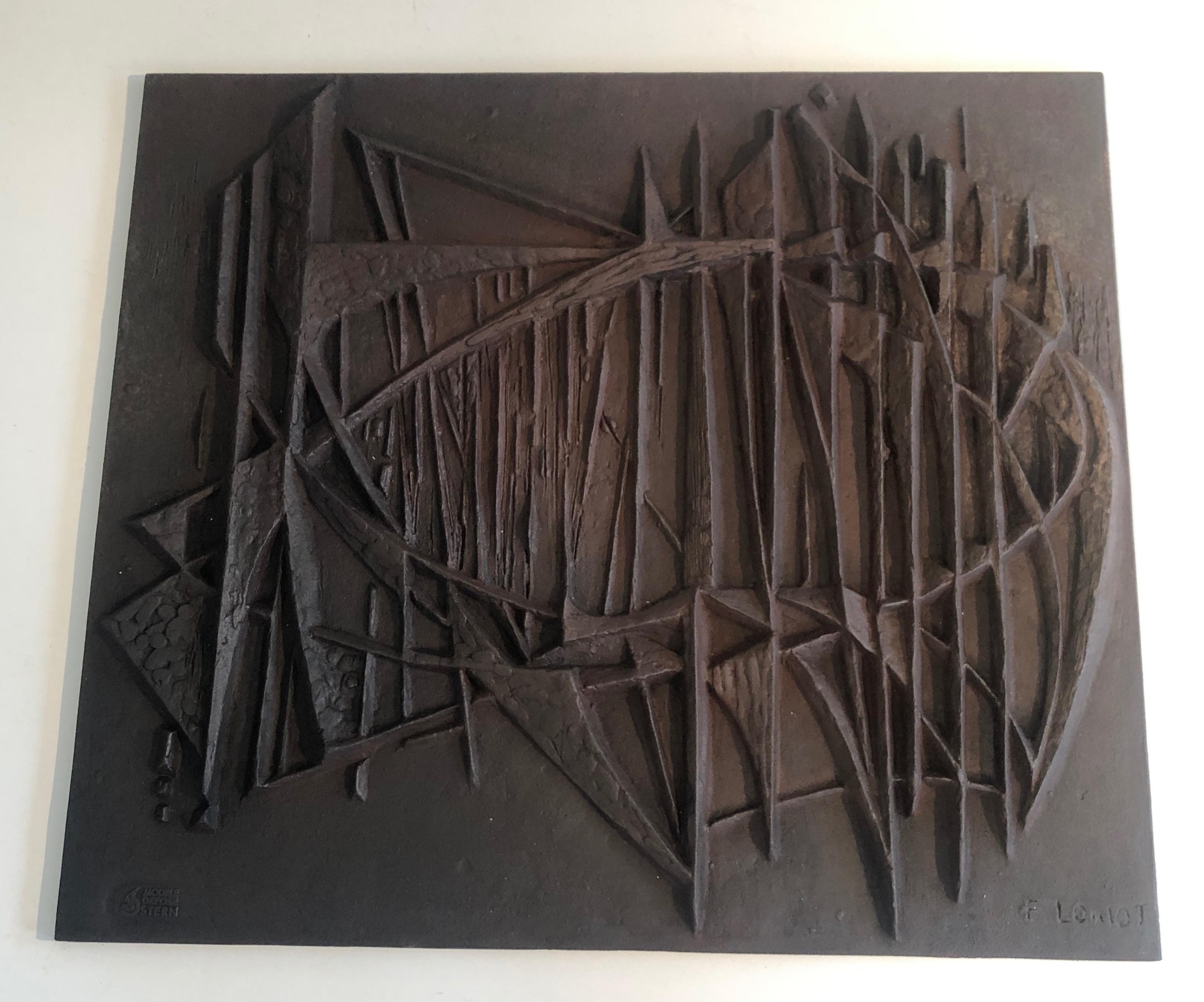 Plaque de cheminée moderniste en fonte, signée F. Loriot, française, datant d'environ 1970 12