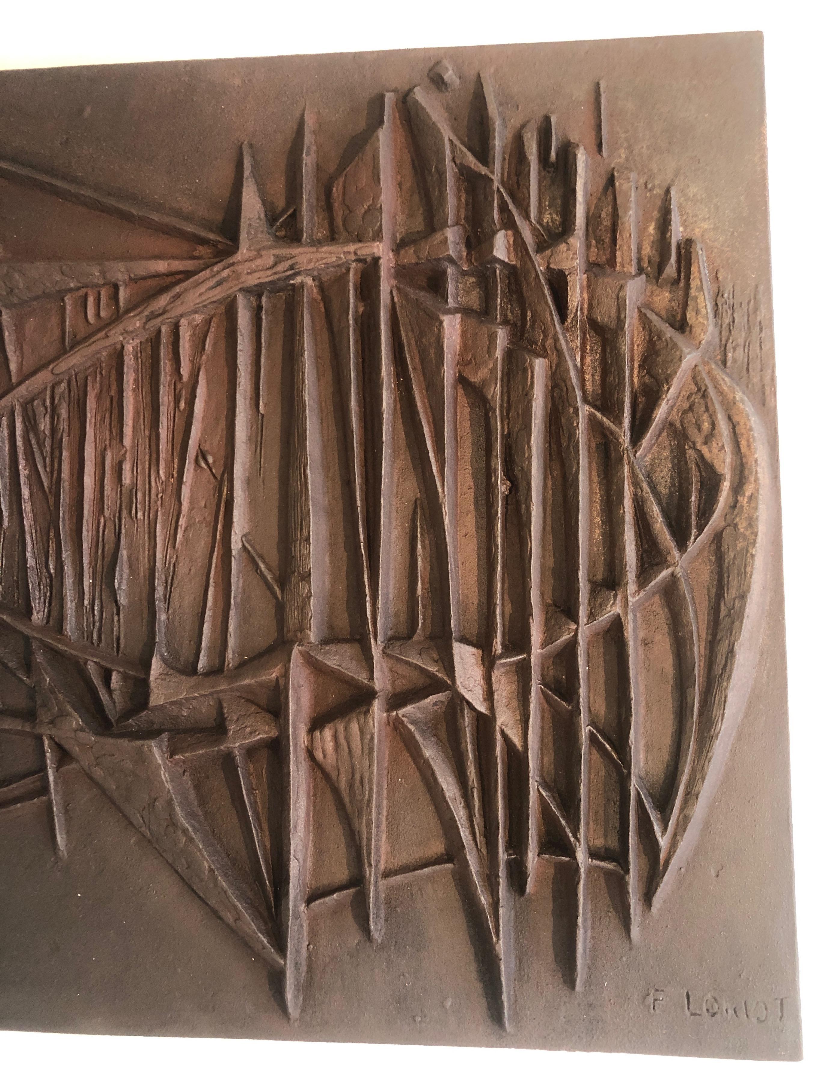 Plaque de cheminée moderniste en fonte, signée F. Loriot, française, datant d'environ 1970 Bon état à Marcq-en-Barœul, Hauts-de-France