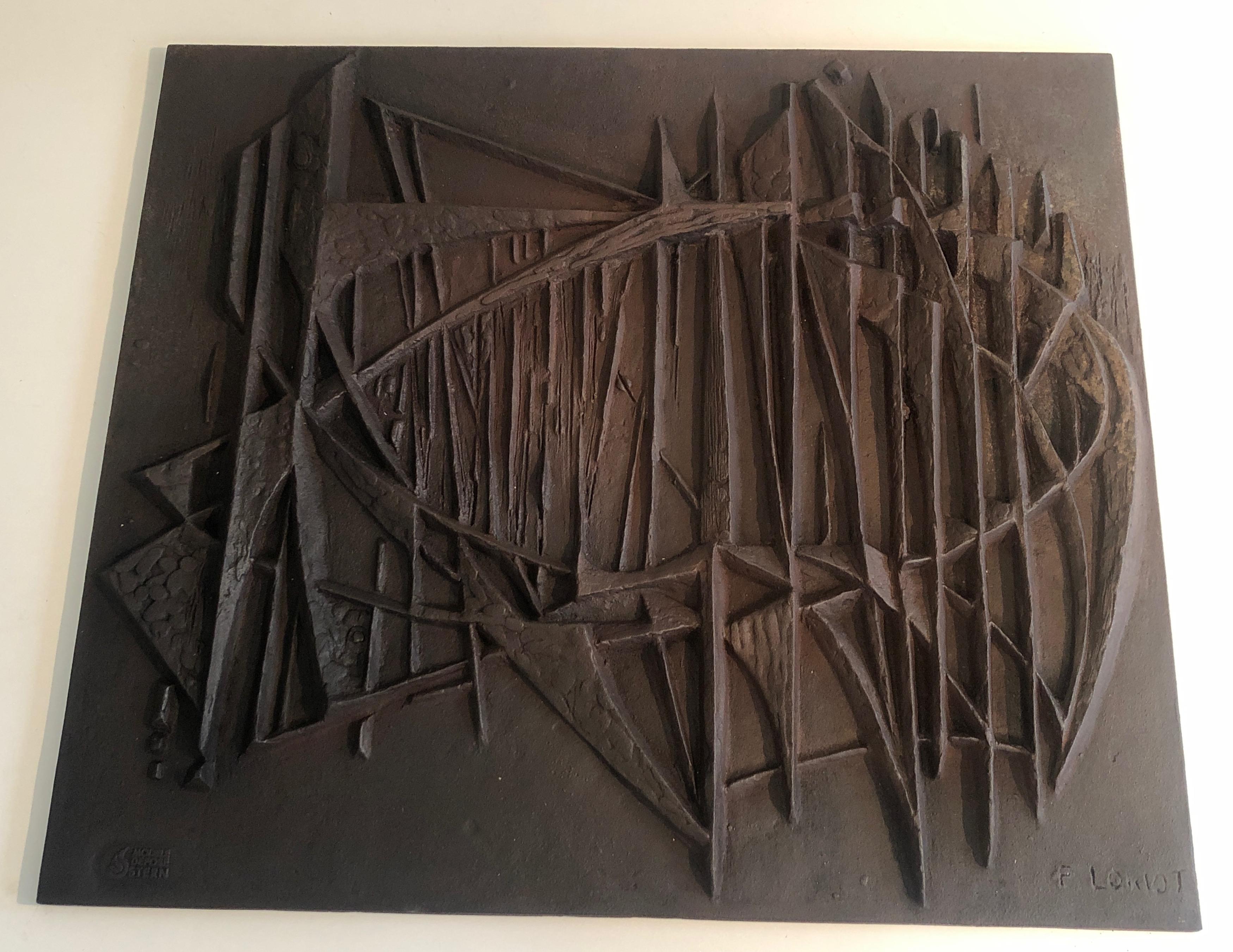 Plaque de cheminée moderniste en fonte, signée F. Loriot, française, datant d'environ 1970 1