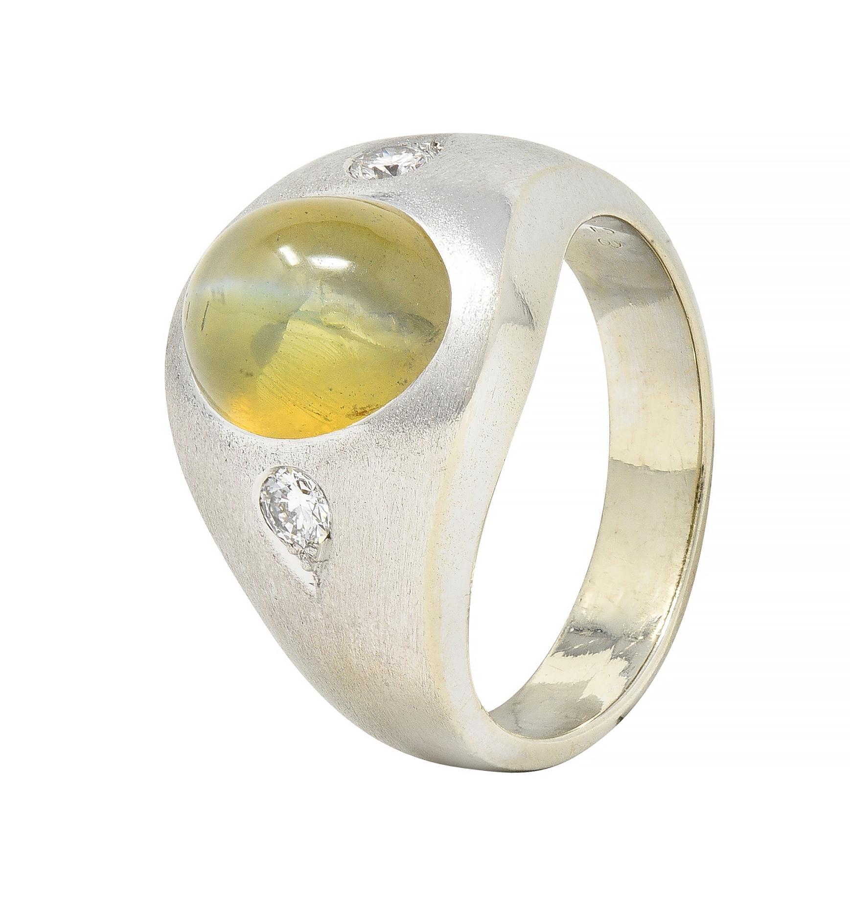 Modernist Cat's Eye Chrysoberyl Diamond 14 Karat White Gold Vintage Signet Ring For Sale 6