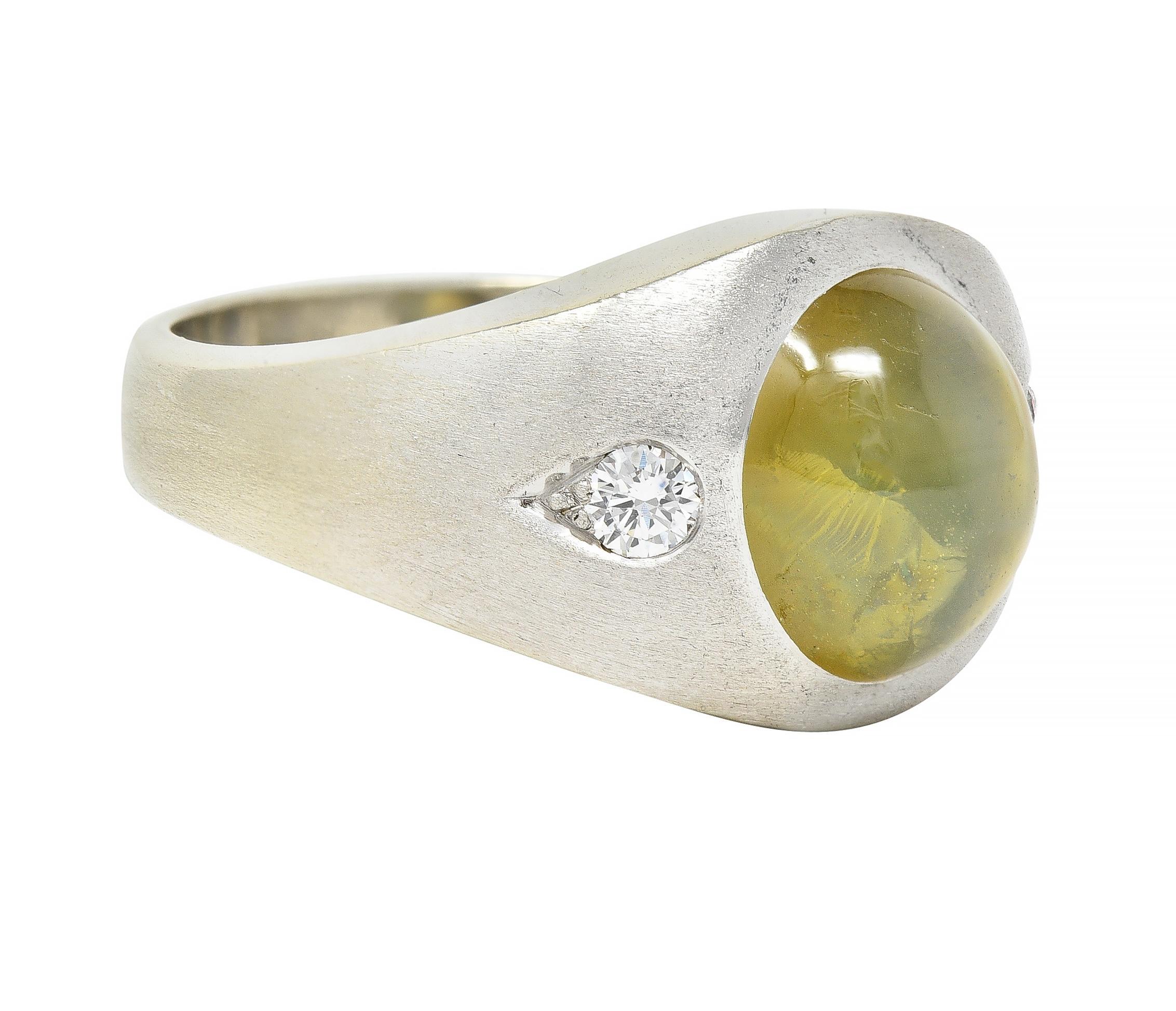 Oval Cut Modernist Cat's Eye Chrysoberyl Diamond 14 Karat White Gold Vintage Signet Ring For Sale