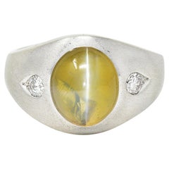 Modernist Cat's Eye Chrysoberyl Diamond 14 Karat White Gold Vintage Signet Ring