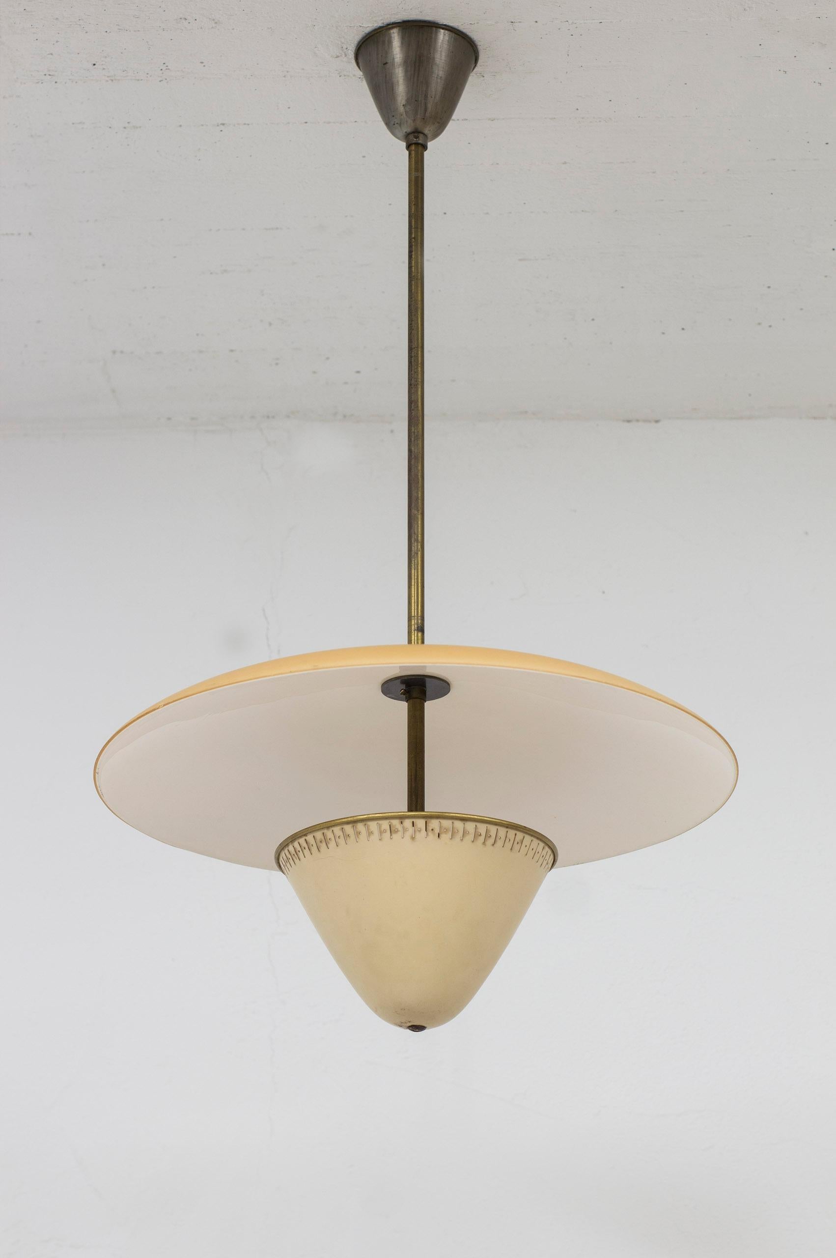 Scandinavian Modern Modernist ceiling lamp in brass and opal glass by ASEA belysning, Sweden, 1930s
