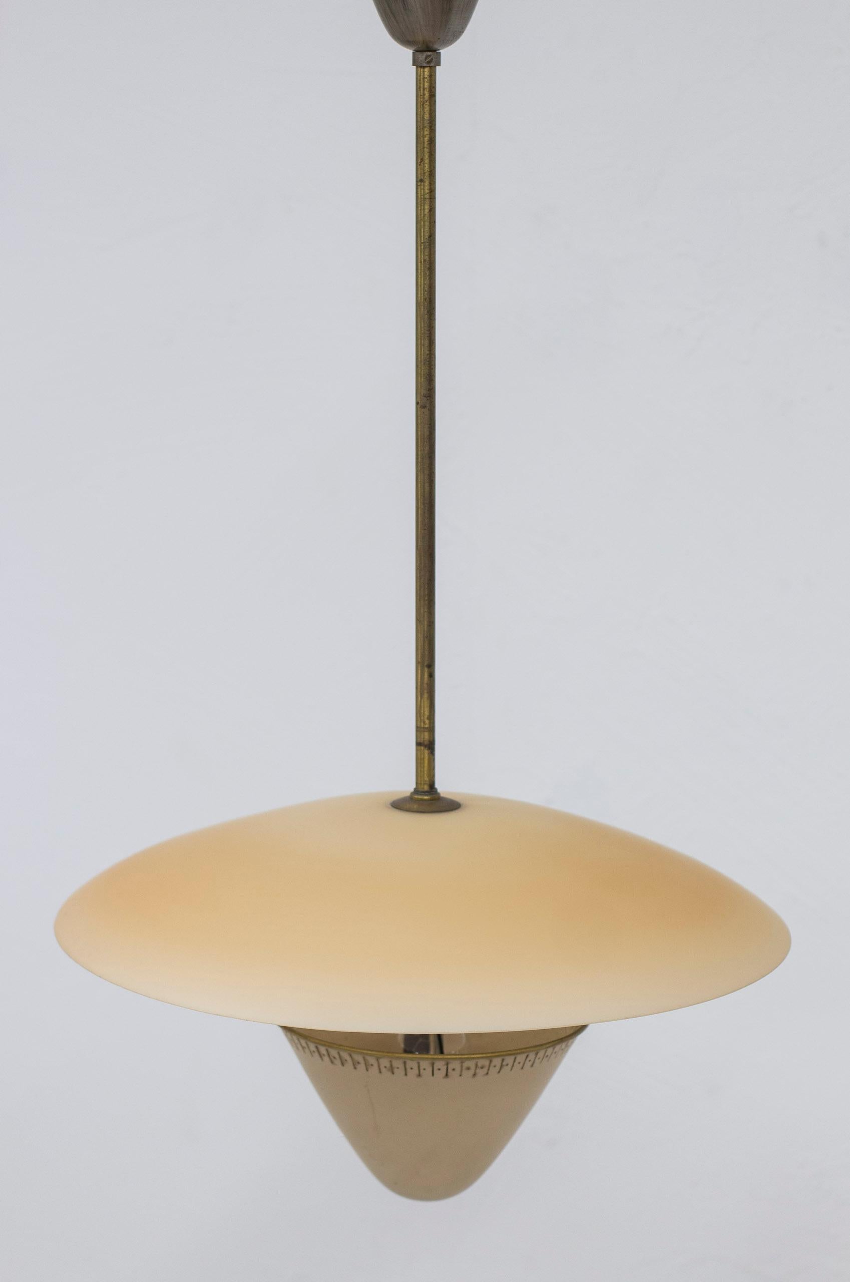 Swedish Modernist ceiling lamp in brass and opal glass by ASEA belysning, Sweden, 1930s