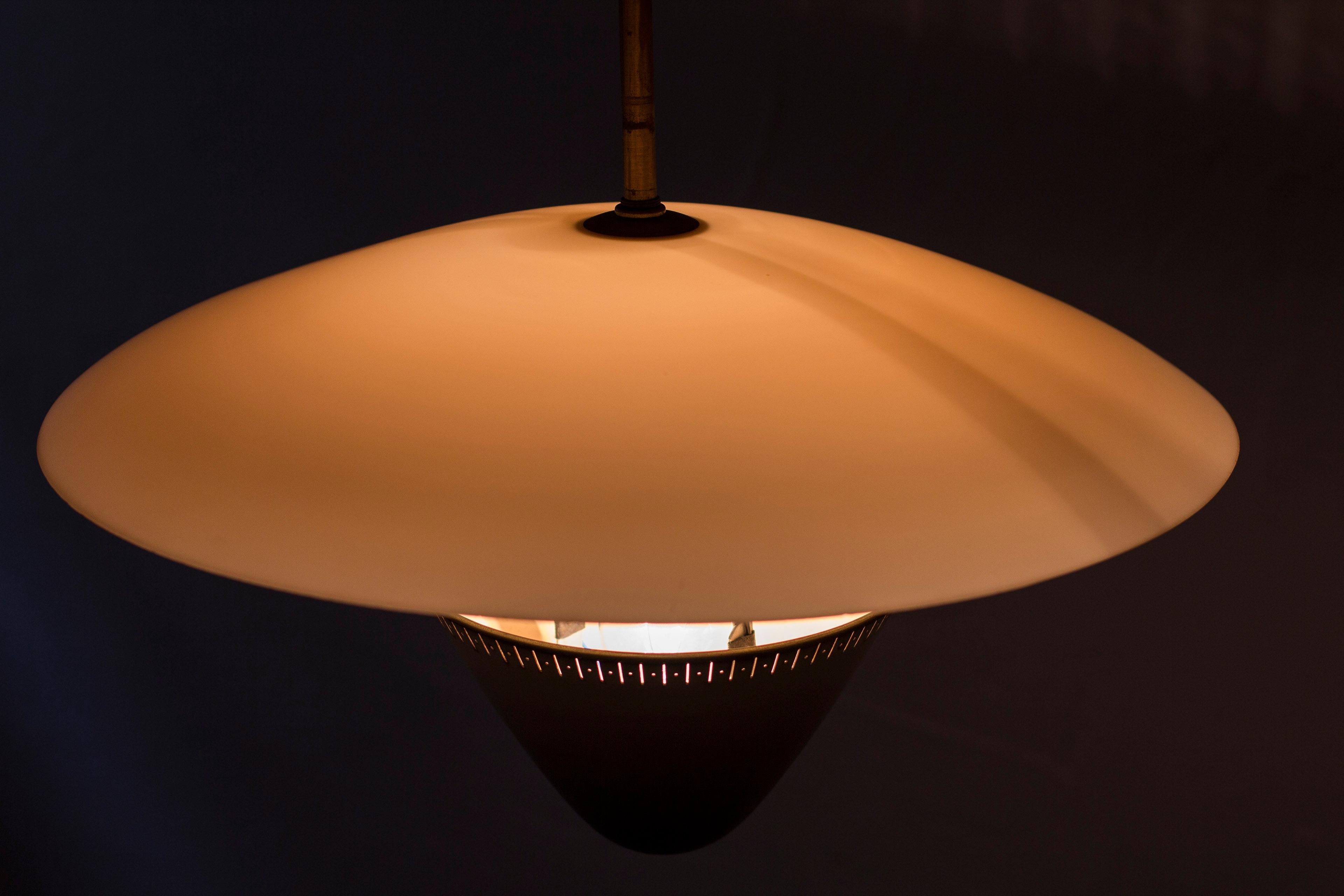 Aluminum Modernist ceiling lamp in brass and opal glass by ASEA belysning, Sweden, 1930s