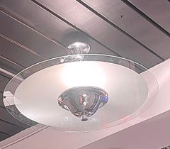 Modernist Ceiling Lamp  With A chromed Base and A Large  Glass Disc, France 1930