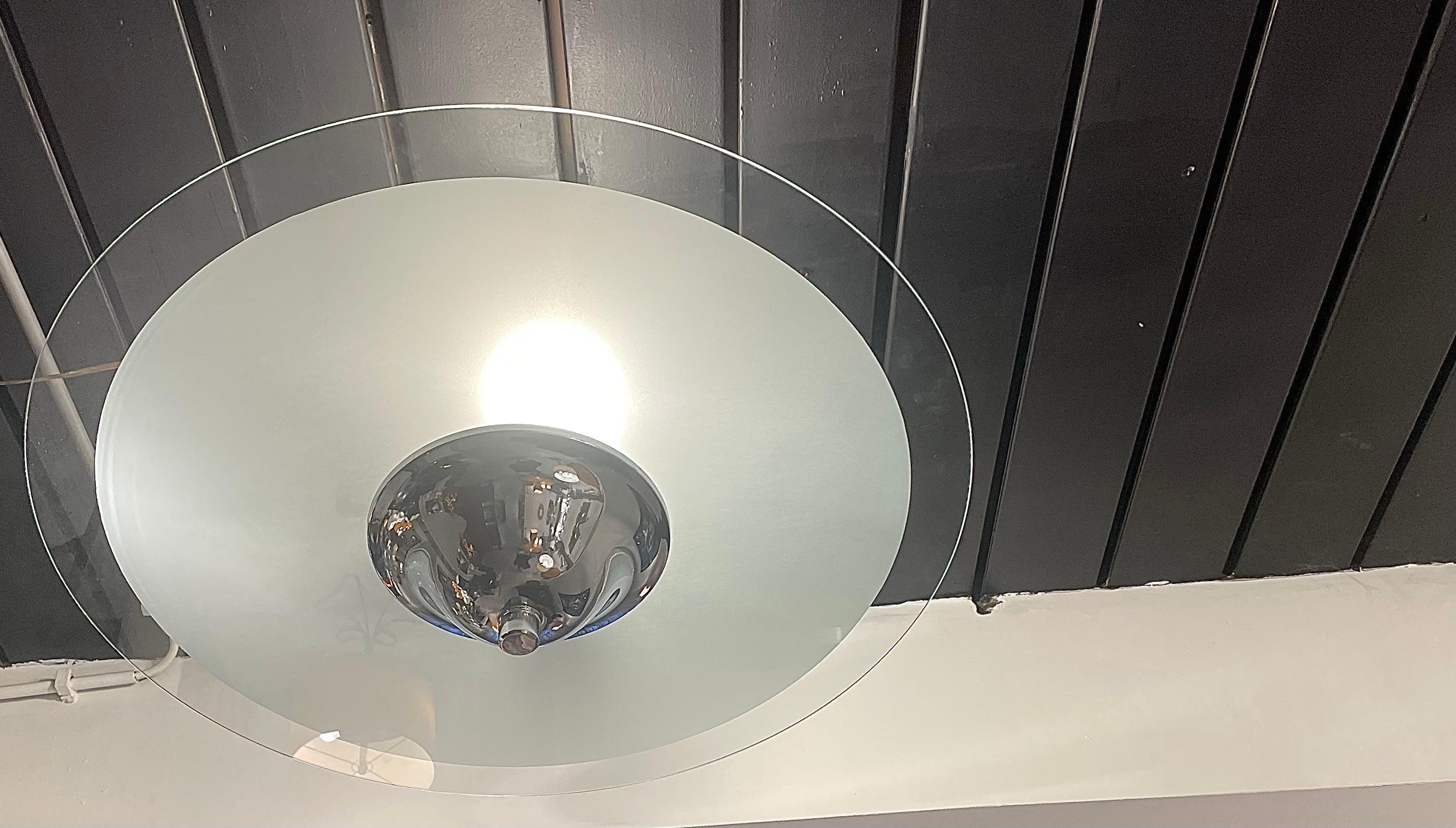 Art Deco Modernist Ceiling Lamp  With A chromed Base and A Large  Glass Disc, France 1930 For Sale