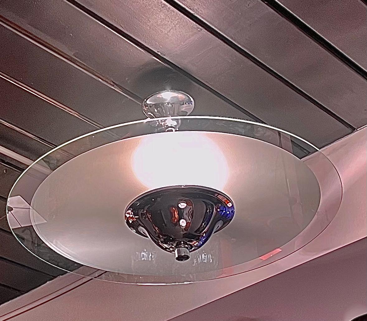 French Modernist Ceiling Lamp  With A chromed Base and A Large  Glass Disc, France 1930 For Sale