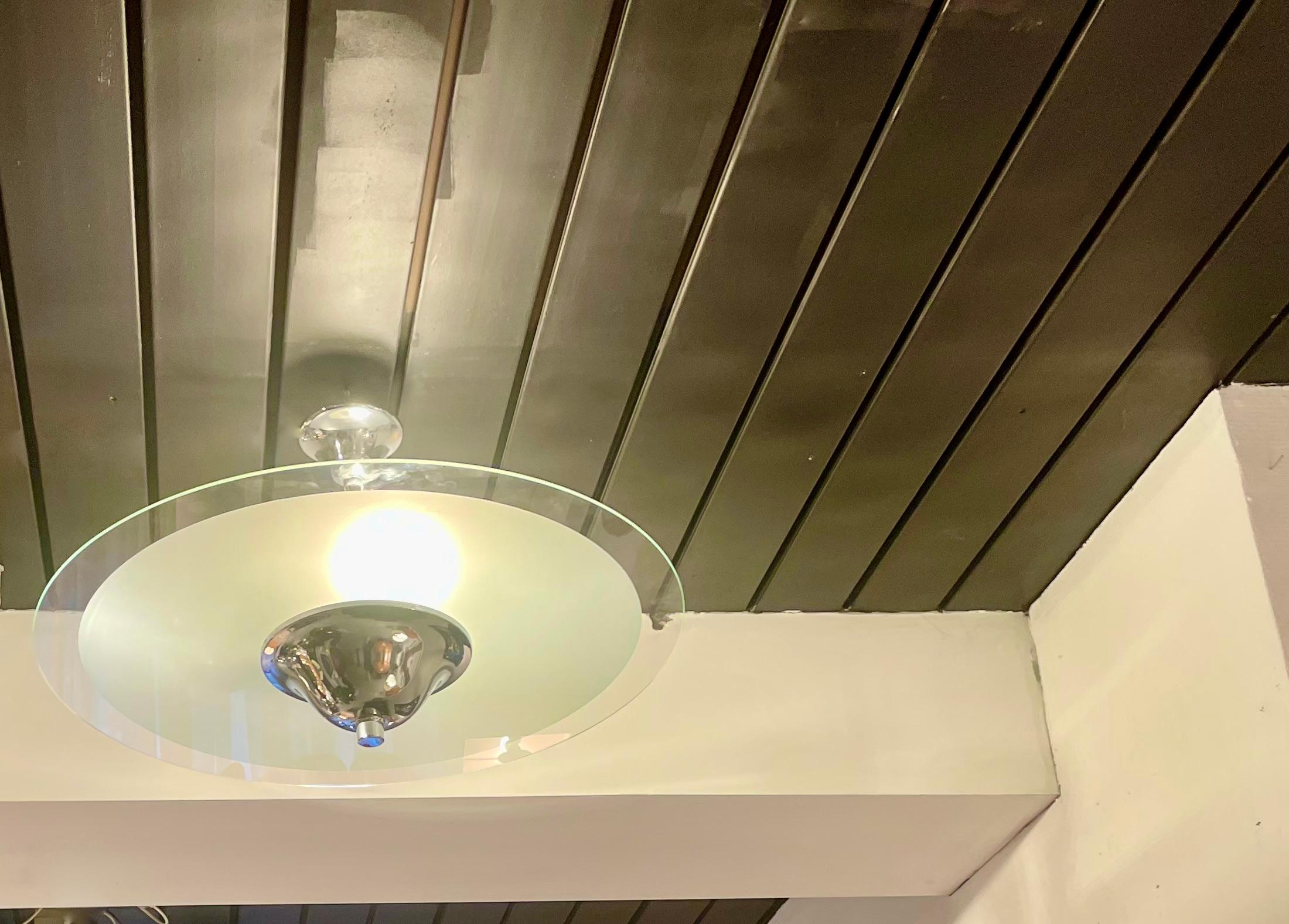 Mid-20th Century Modernist Ceiling Lamp  With A chromed Base and A Large  Glass Disc, France 1930 For Sale