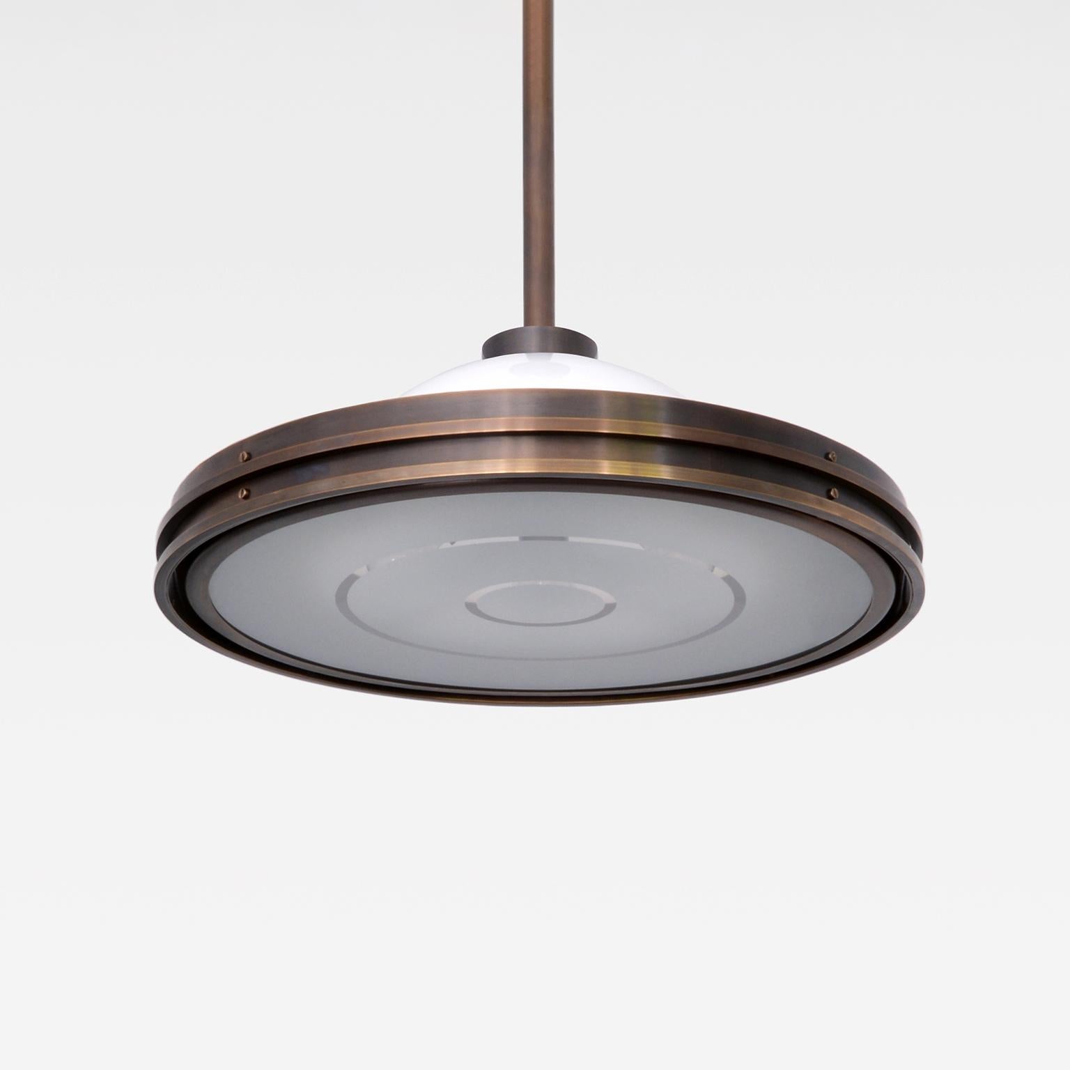 Modernist ceiling light made of dark patinated brass and etched opal glass, customizable.