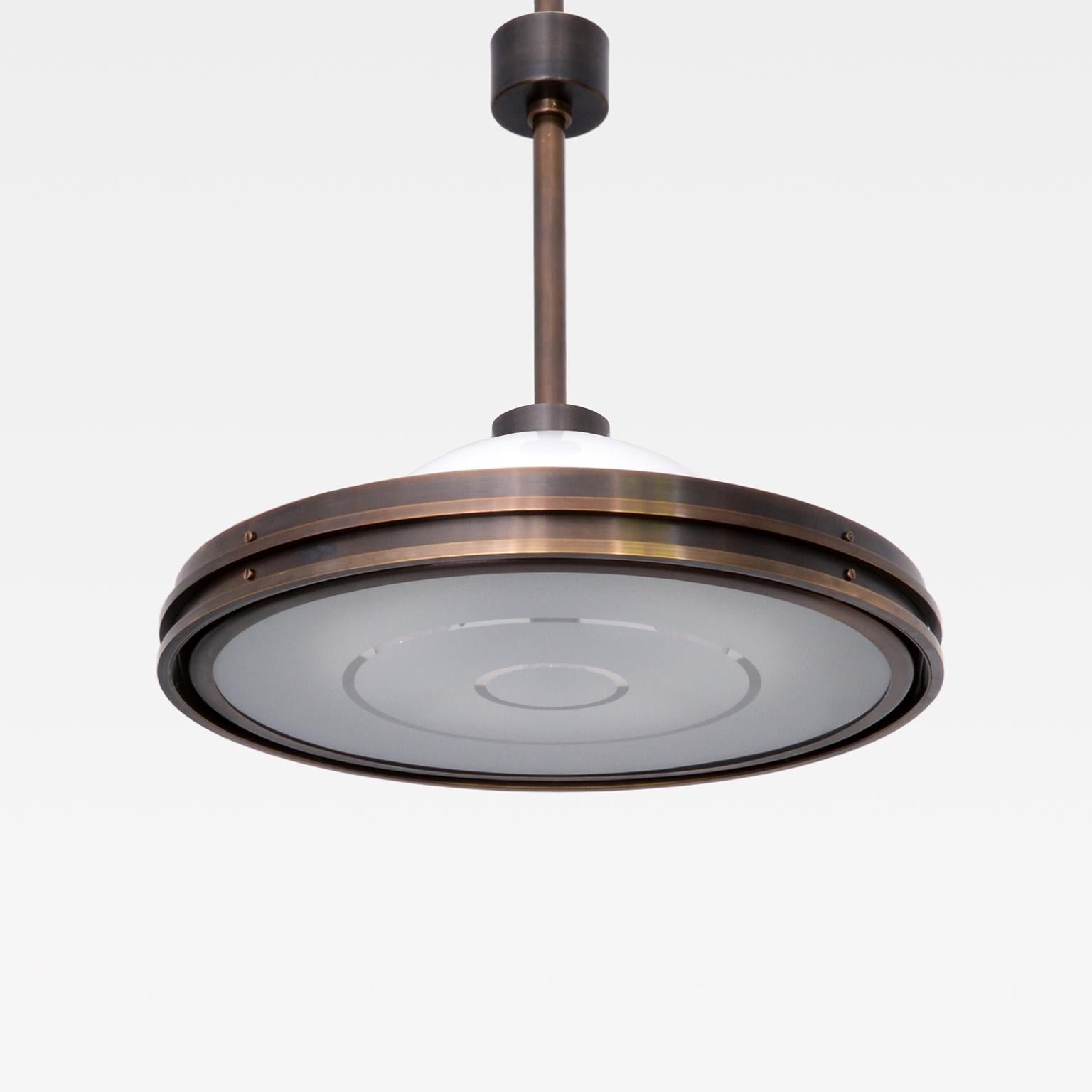 Modernist Ceiling Light In Dark Patinated Brass, Etched Opal Glass, Customizable In New Condition For Sale In Berlin, DE