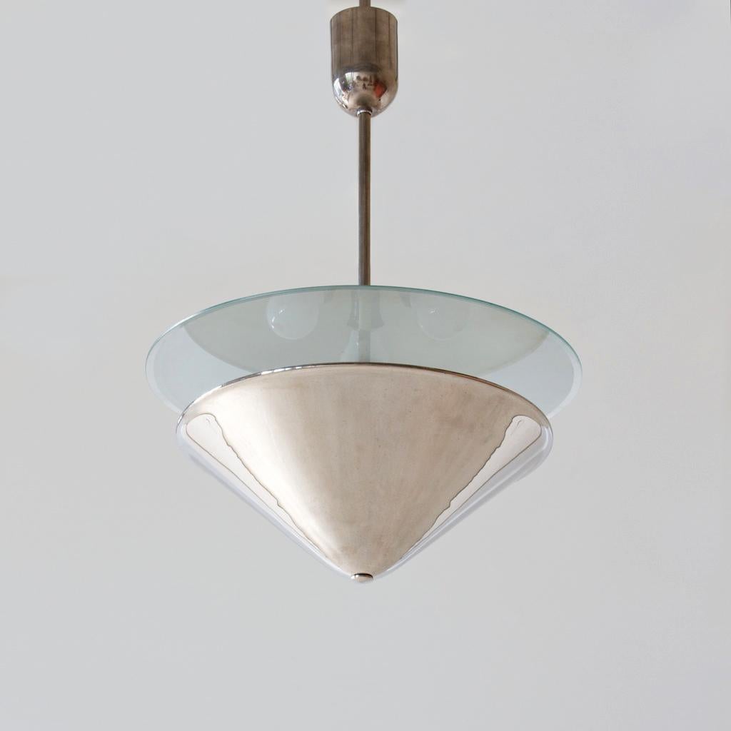 Modernist ceiling light made of Nickel plated brass and opal glass, customizable.