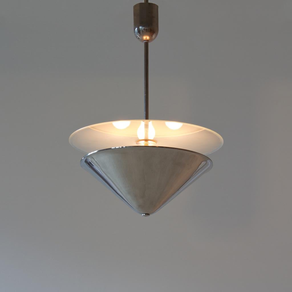 Contemporary Modernist Ceiling Light Made Of Nickel Plated Brass, Opal Glass, Customizable For Sale