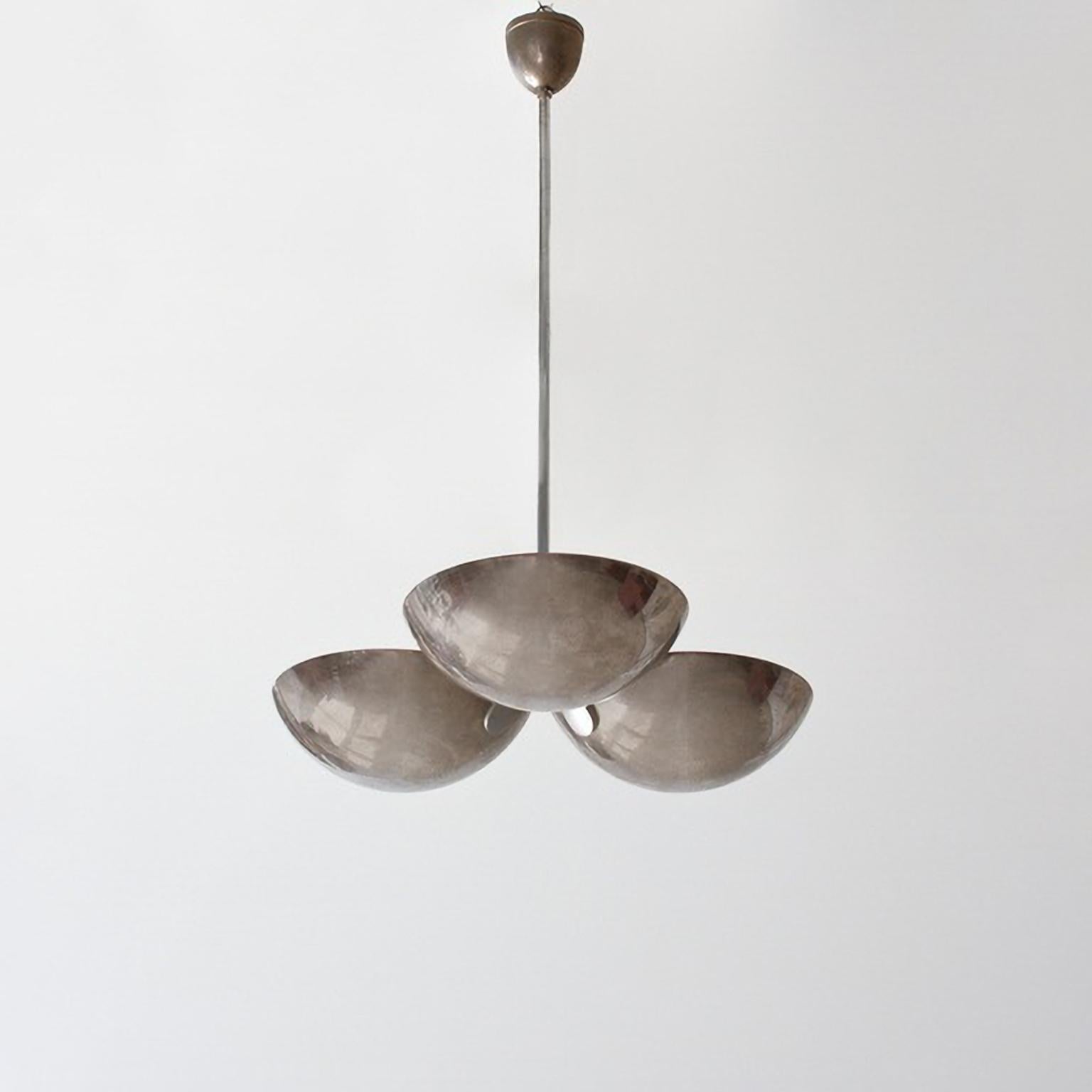 German Modernist Ceiling Light With Three Plated Brass Shades, Customizable For Sale