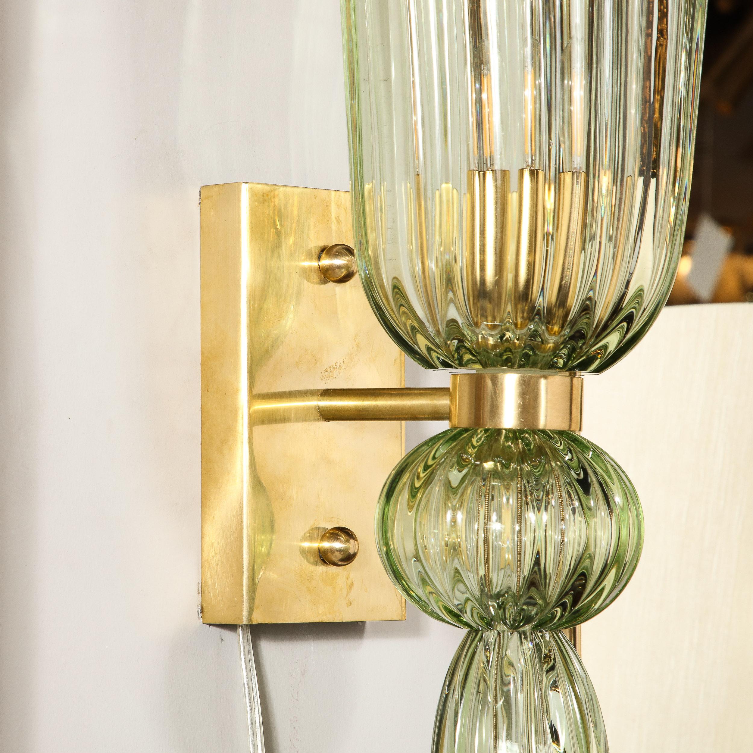 Modernist Celadon Hand-Blown Murano Glass & Brass Sconces with Elongated Drop 5