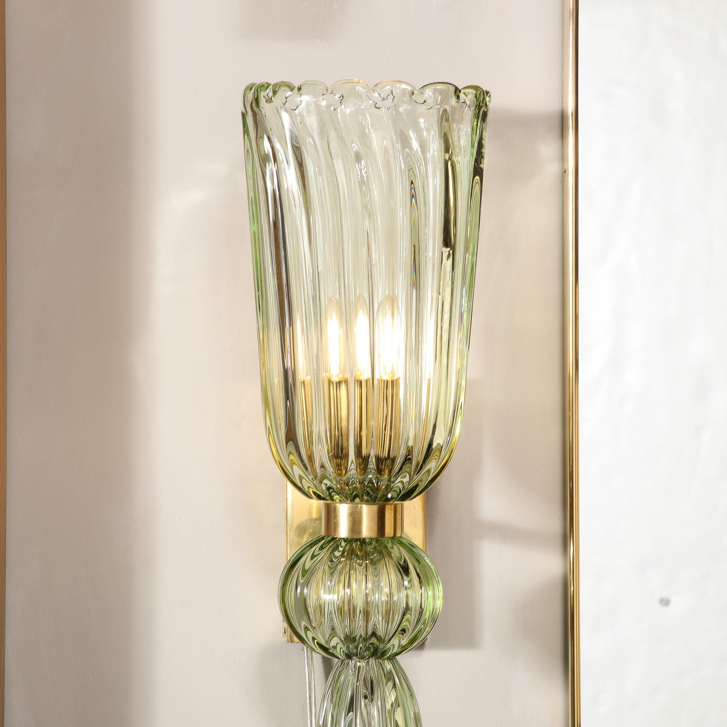 Modernist Celadon Hand-Blown Murano Glass & Brass Sconces with Elongated Drop 9