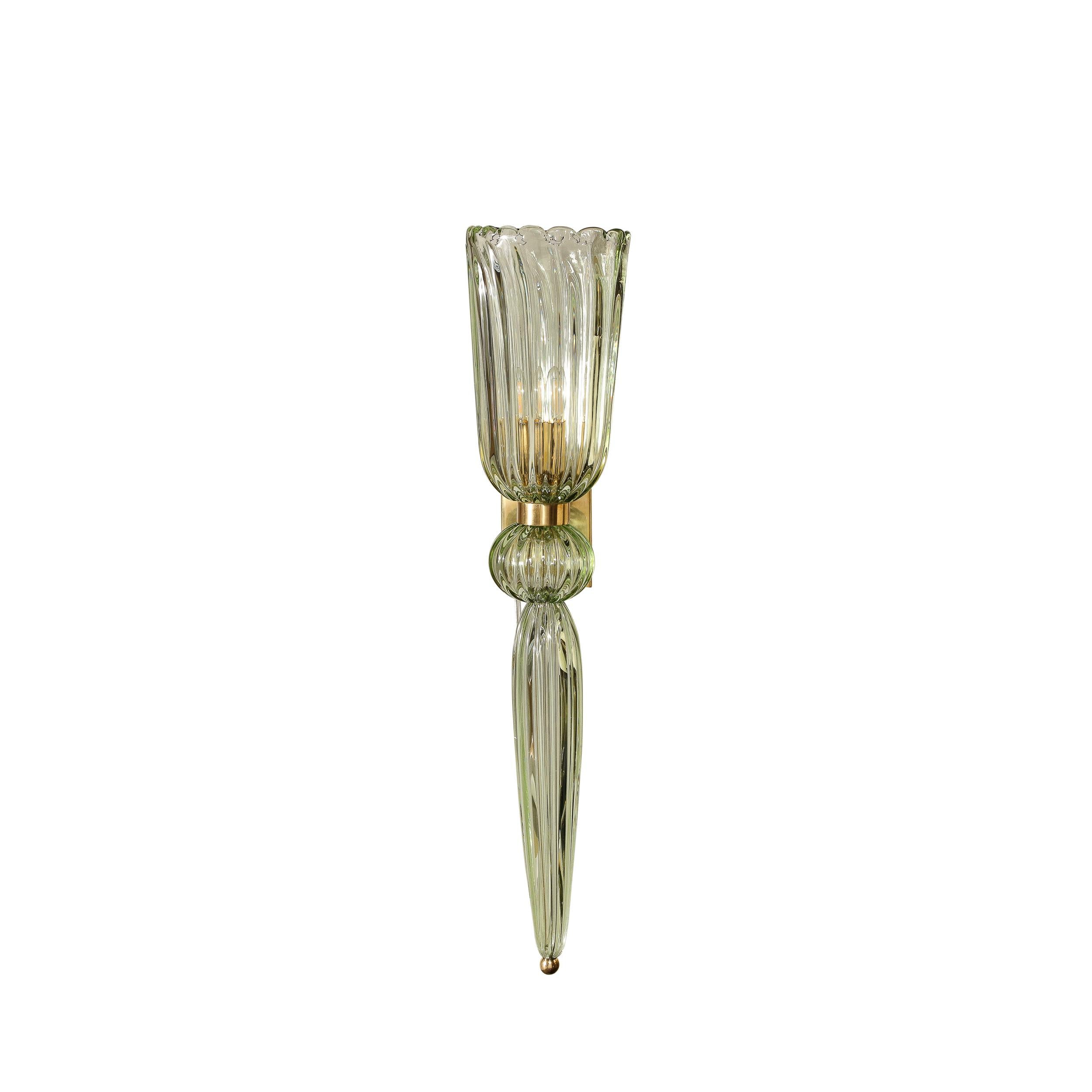 Modernist Celadon Hand-Blown Murano Glass & Brass Sconces with Elongated Drop 10