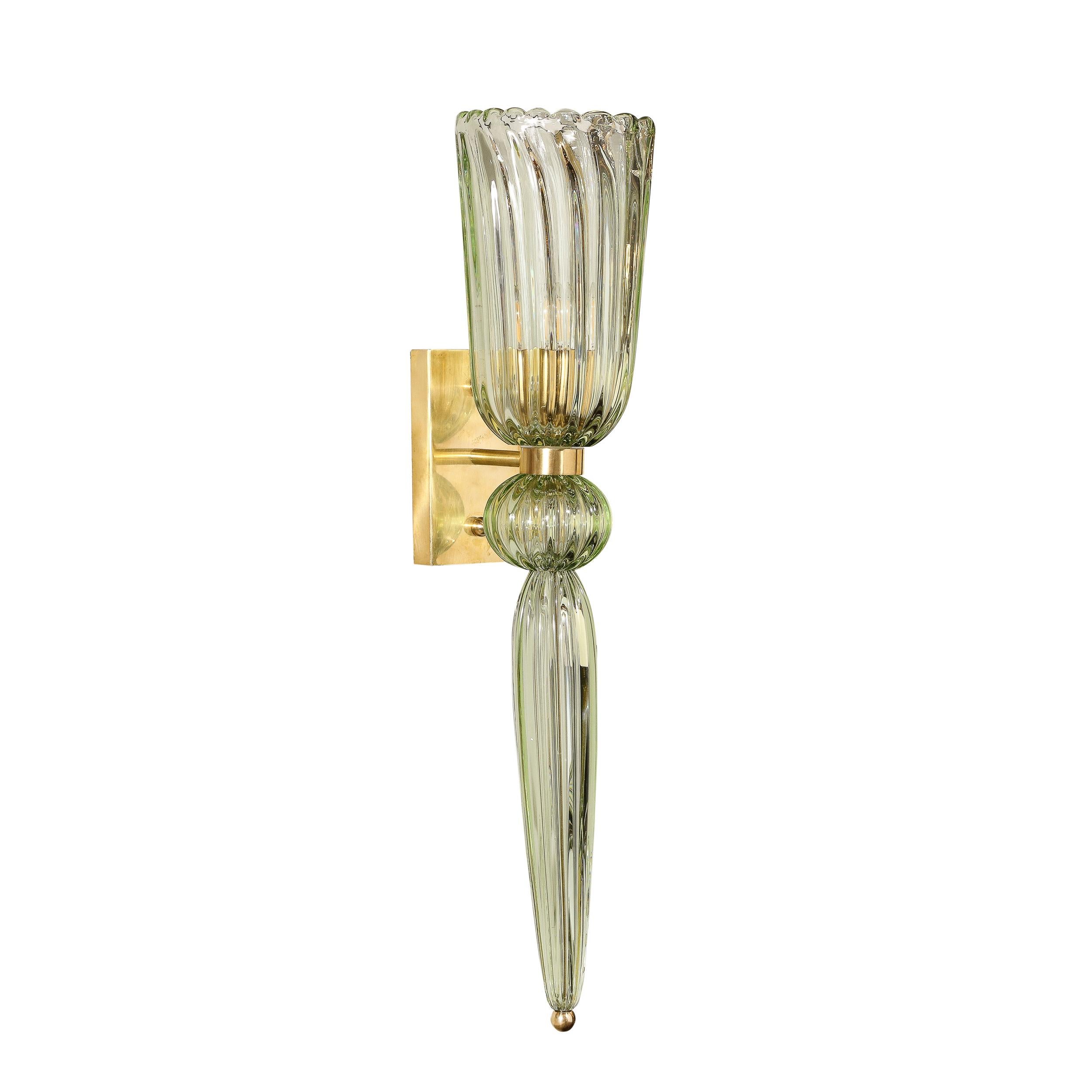 Modernist Celadon Hand-Blown Murano Glass & Brass Sconces with Elongated Drop 11