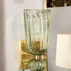 Modernist Celadon Hand-Blown Murano Glass & Brass Sconces with Elongated Drop