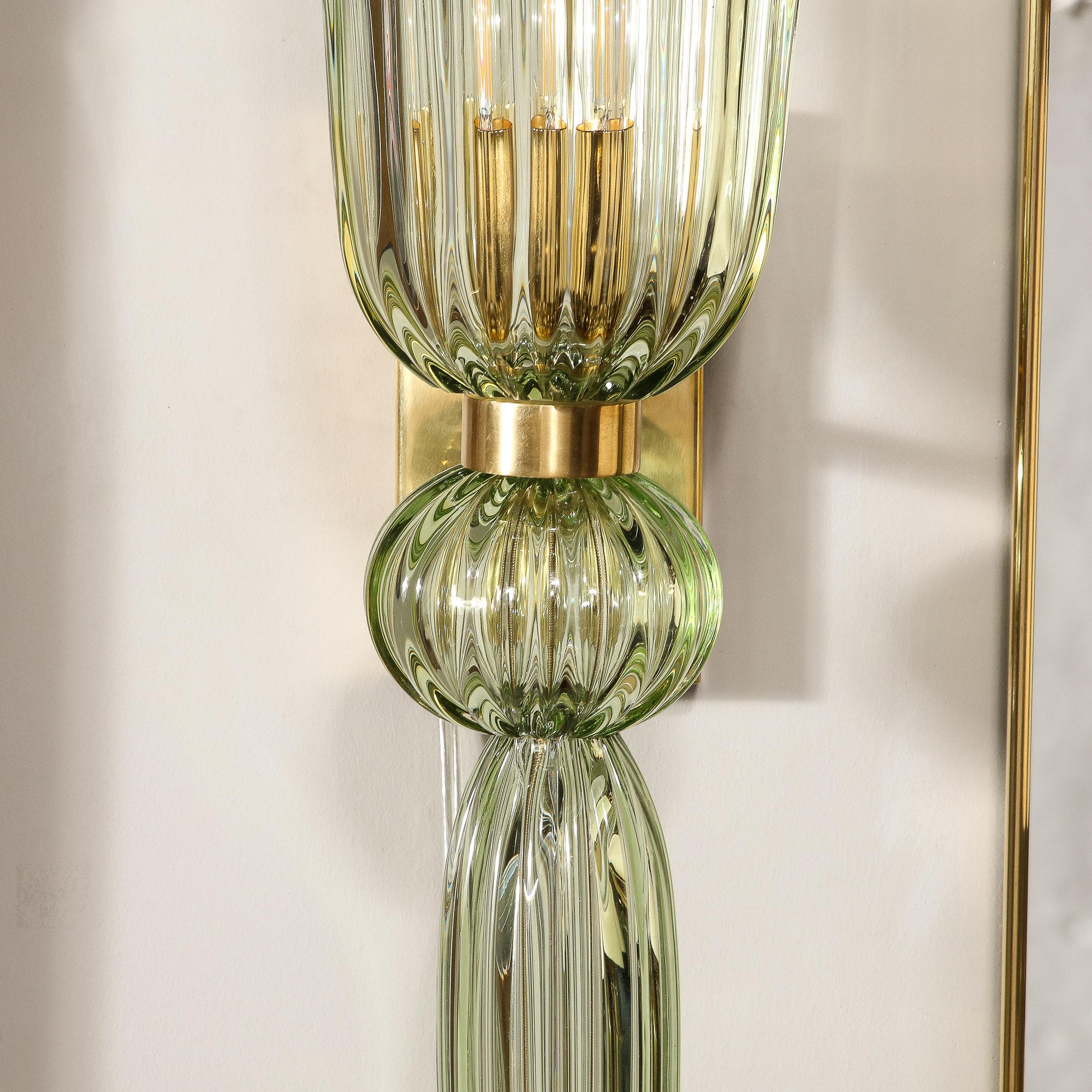 Italian Modernist Celadon Hand-Blown Murano Glass & Brass Sconces with Elongated Drop