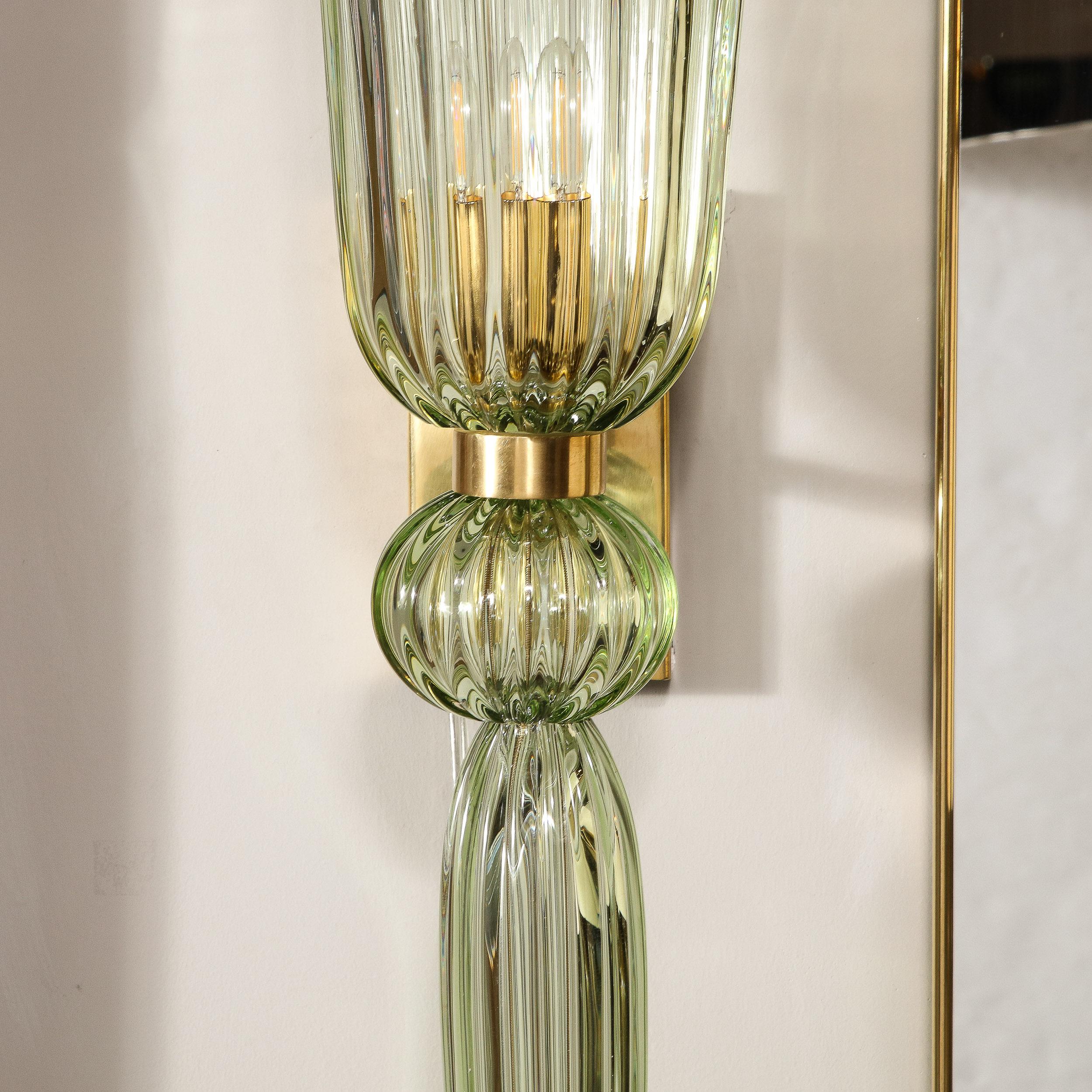 Modernist Celadon Hand-Blown Murano Glass & Brass Sconces with Elongated Drop 1