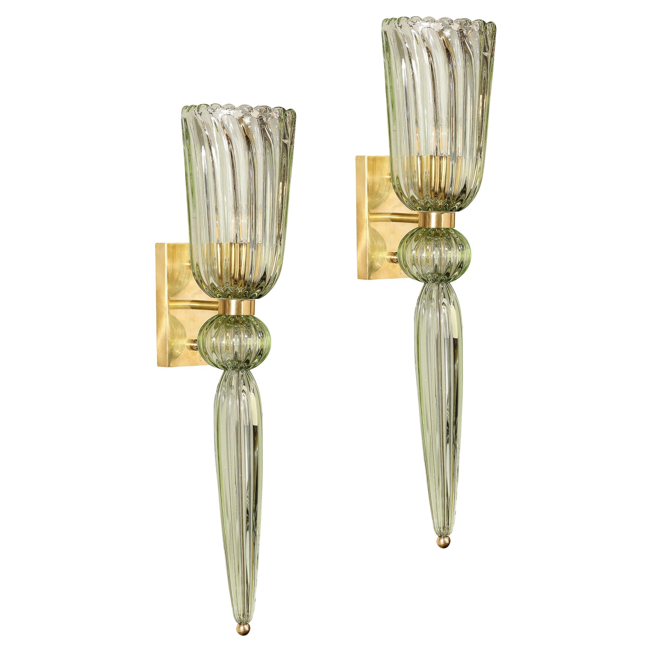 Modernist Celadon Hand-Blown Murano Glass 
Brass Sconces with Elongated Drop