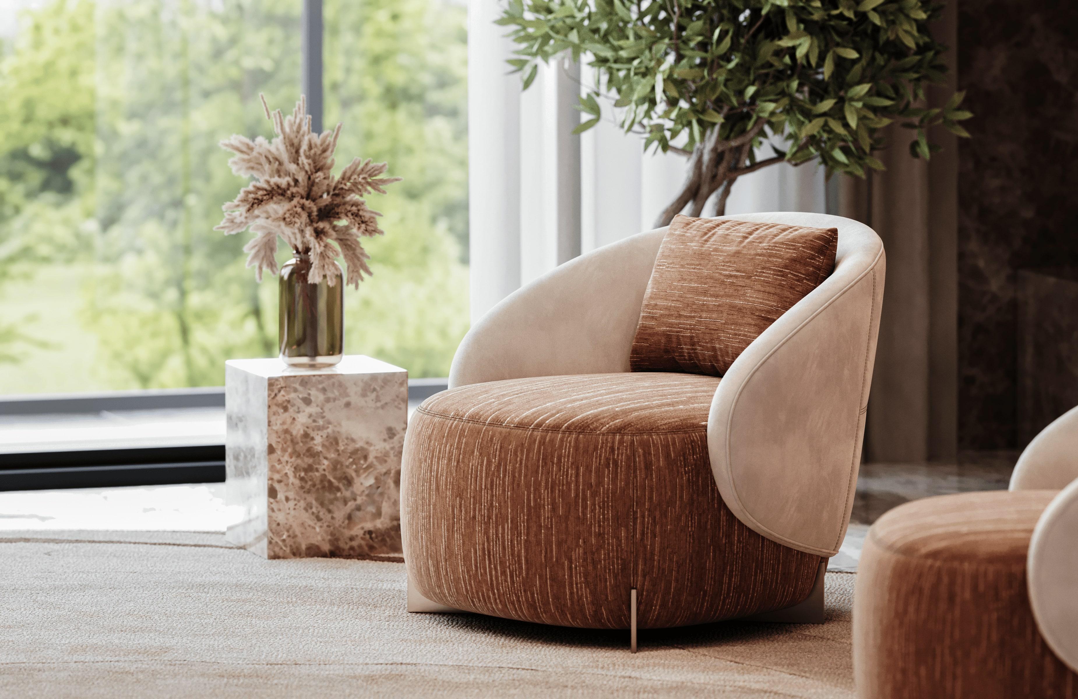Celestia armchair is a masterpiece of comfort and grace, designed to cradle you in celestial luxury. Its rounded form and enveloping curves create a cocoon of serenity, making every moment spent in it feel like a gentle escape to the clouds.
