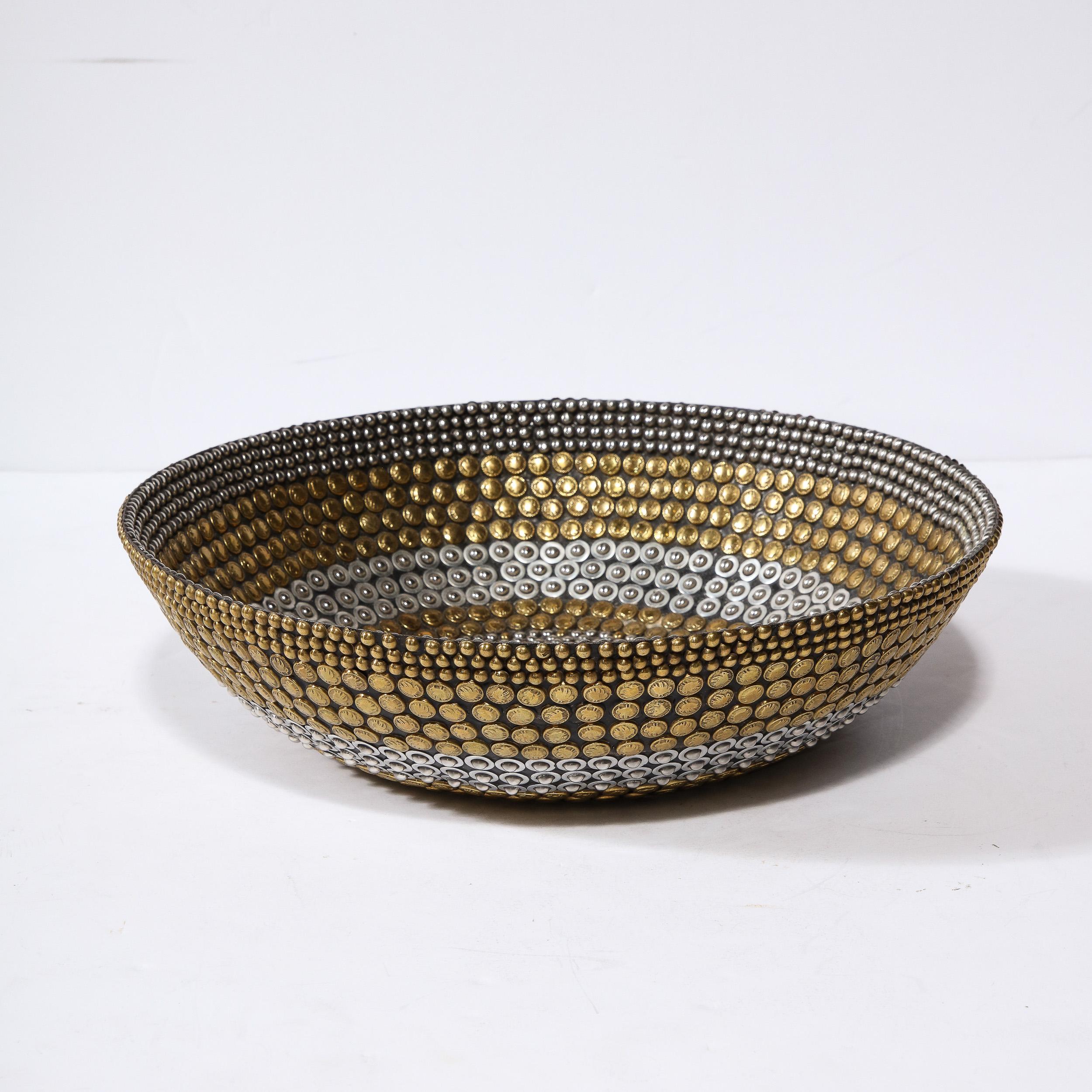 Modernist Centerpiece Bowl in Brass and Nickel Studded Banding by Kim Seybert In Excellent Condition In New York, NY