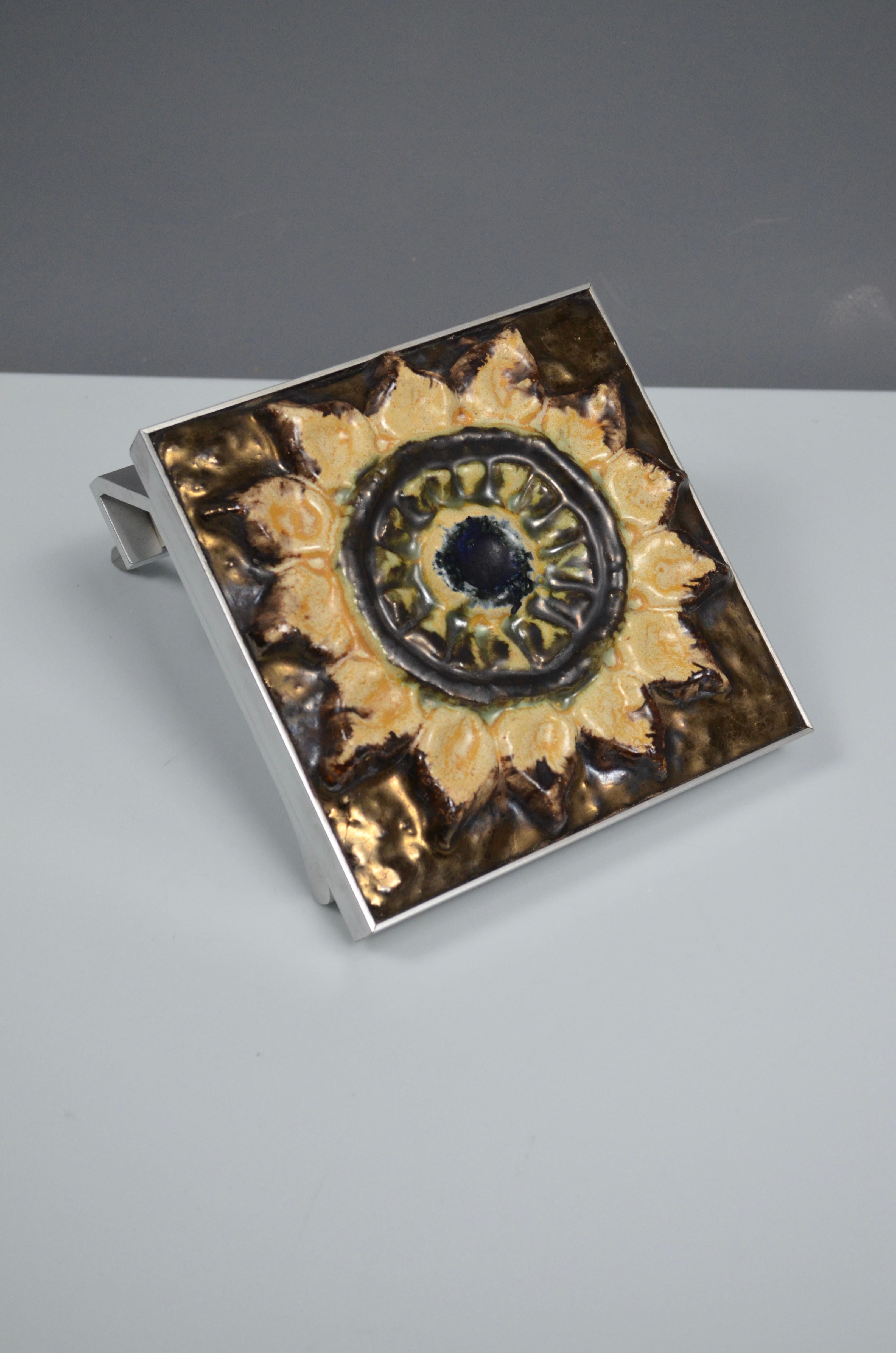 Aluminum Modernist ceramic door handle on aluminum support, 1950s For Sale