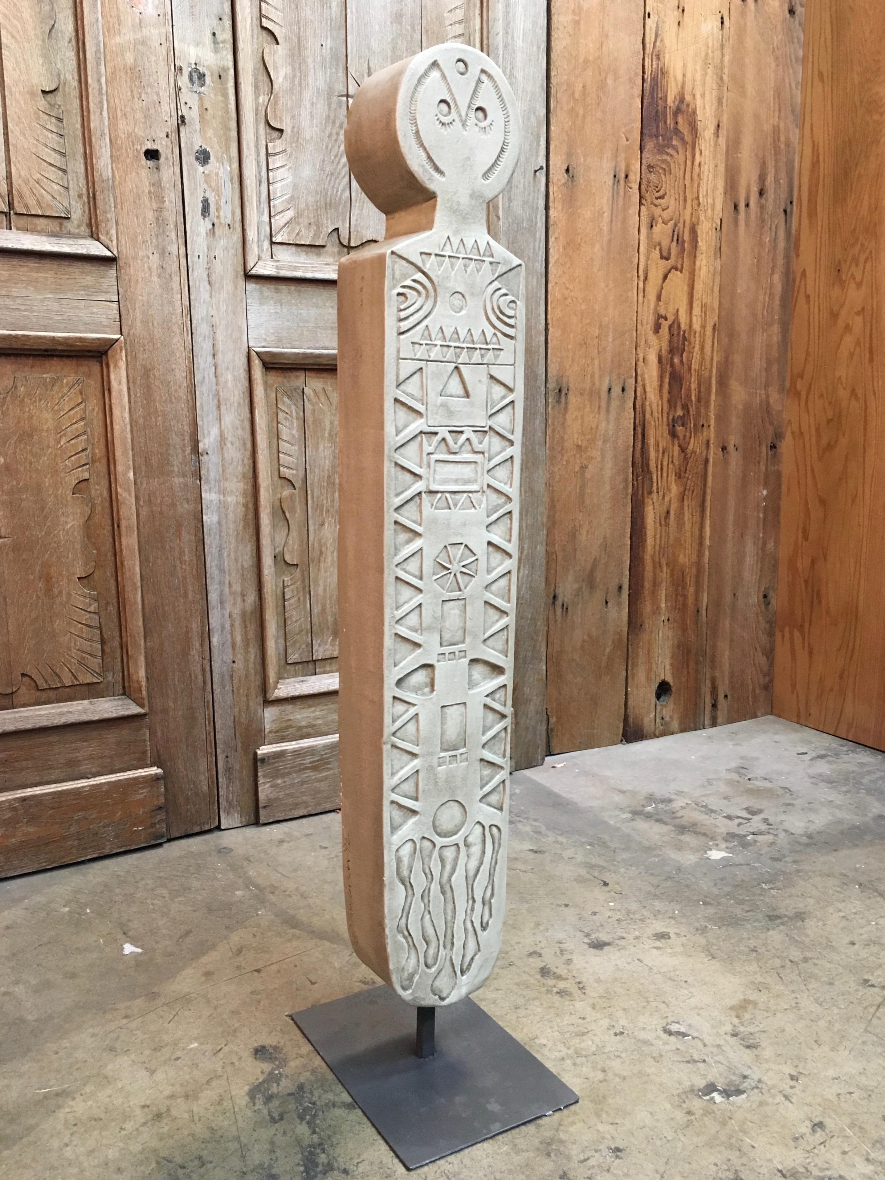 Large ceramic totem with incised details depicting an owl stand guard
By D. Anderson, 1992

Base is steel 12 x 8.