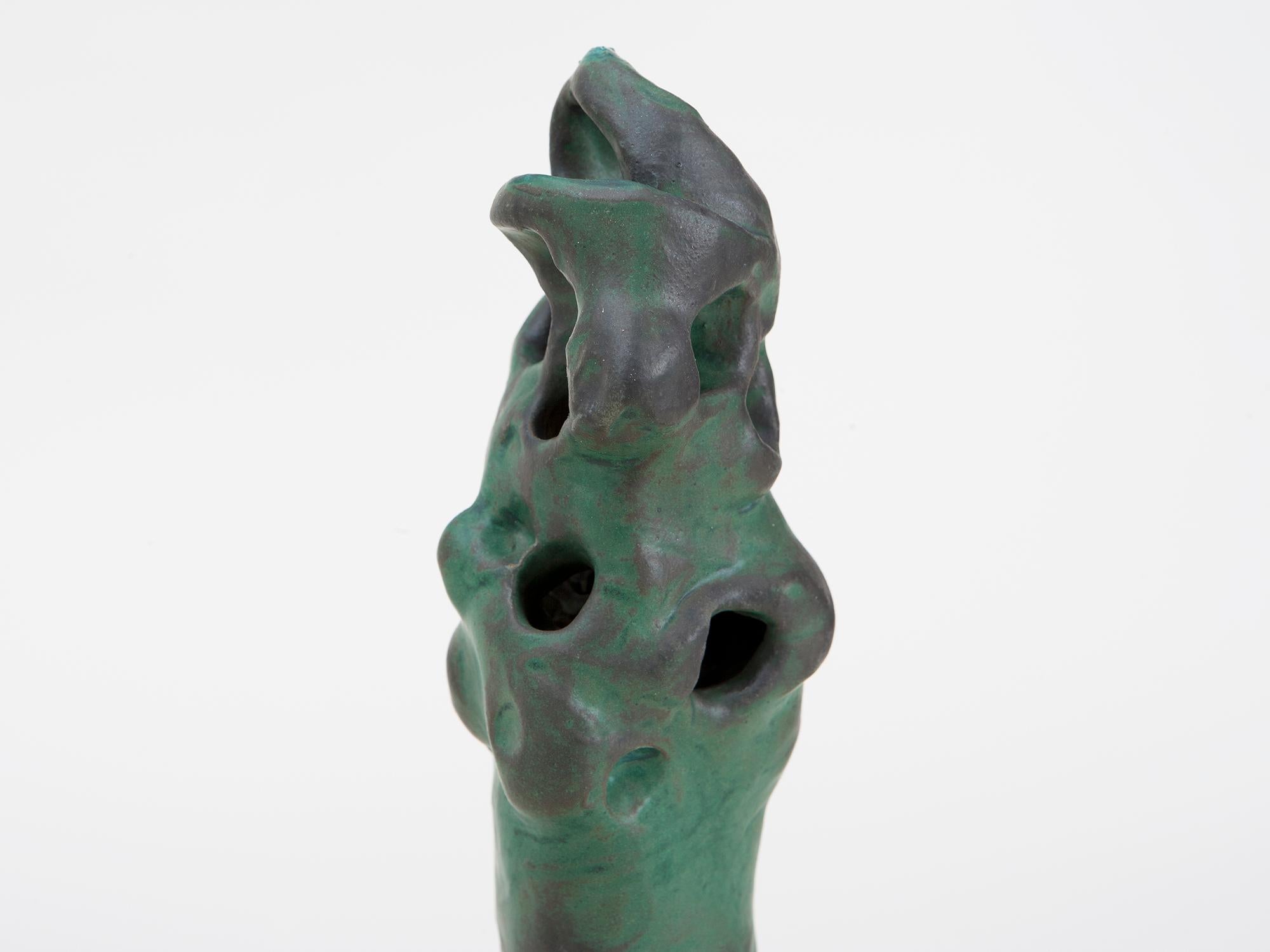 Modernist clay sculpture with organic green glaze by artist Judy Engel of upstate New York.