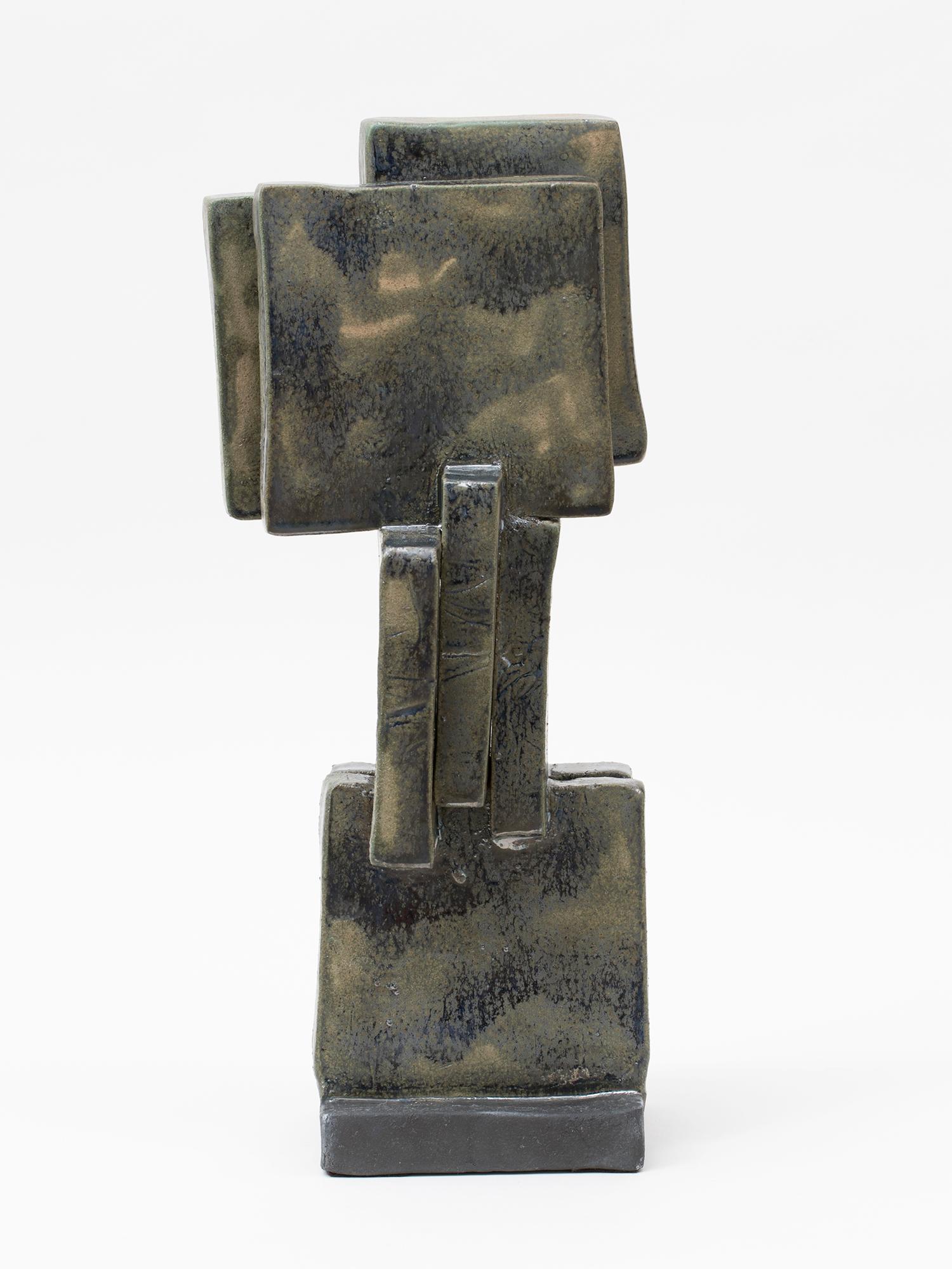 Modernist clay sculpture with organic copper glaze by artist Judy Engel of upstate New York.