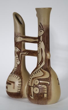 Modernist Ceramic Twin Vase with Sgraffito Decor in Style of Gambone