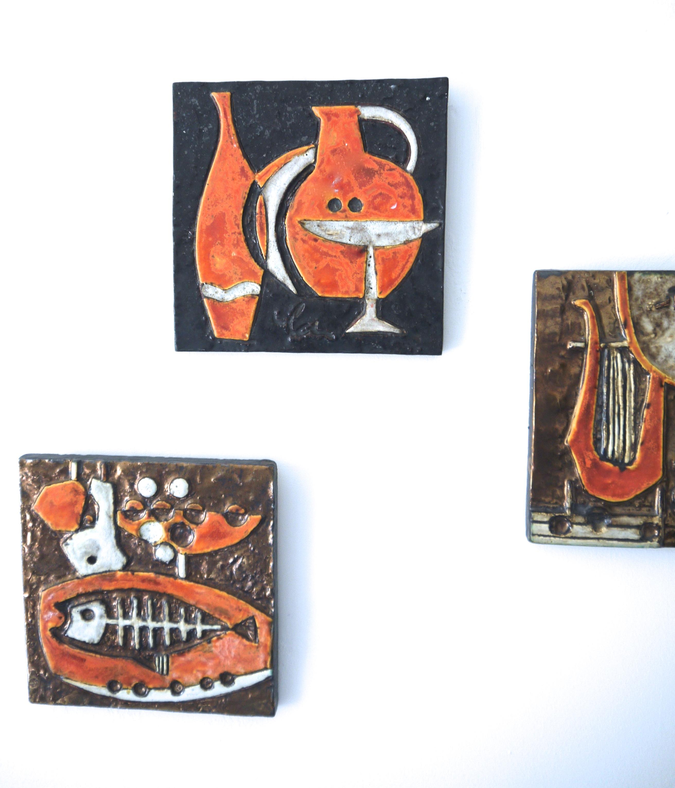 Brutalist Modernist Ceramic Wall Plaques, Set of Three by Helmut Schaffenacker Late 1950s For Sale