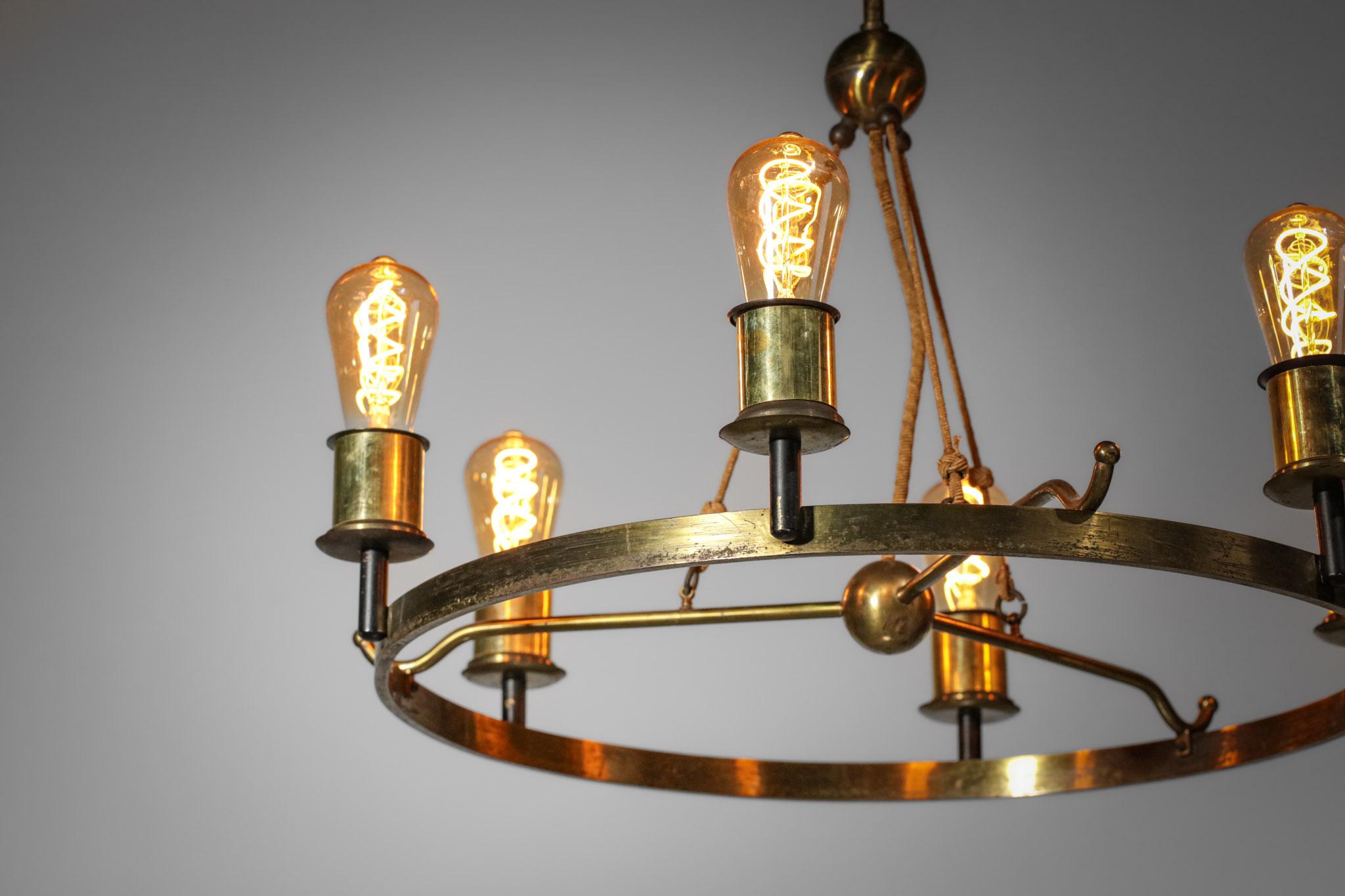 Modernist Chandelier 6 Bulbs 40's French Brass in Style of Jacques Quinet Design 5