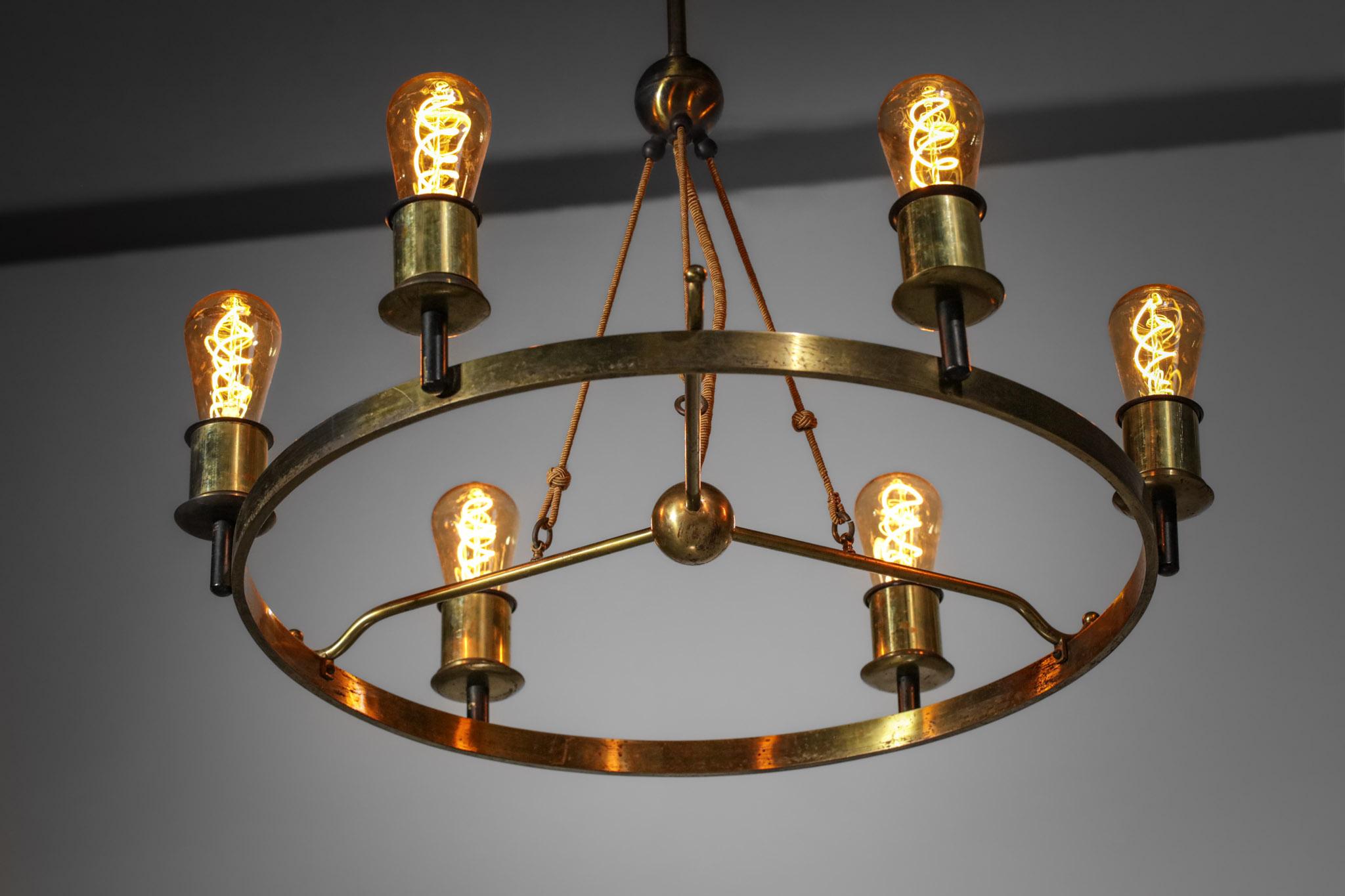Modernist Chandelier 6 Bulbs 40's French Brass in Style of Jacques Quinet Design 7