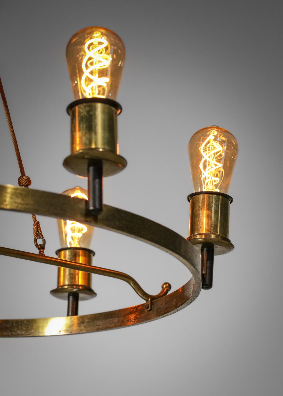 Modernist Chandelier 6 Bulbs 40's French Brass in Style of Jacques Quinet Design 8