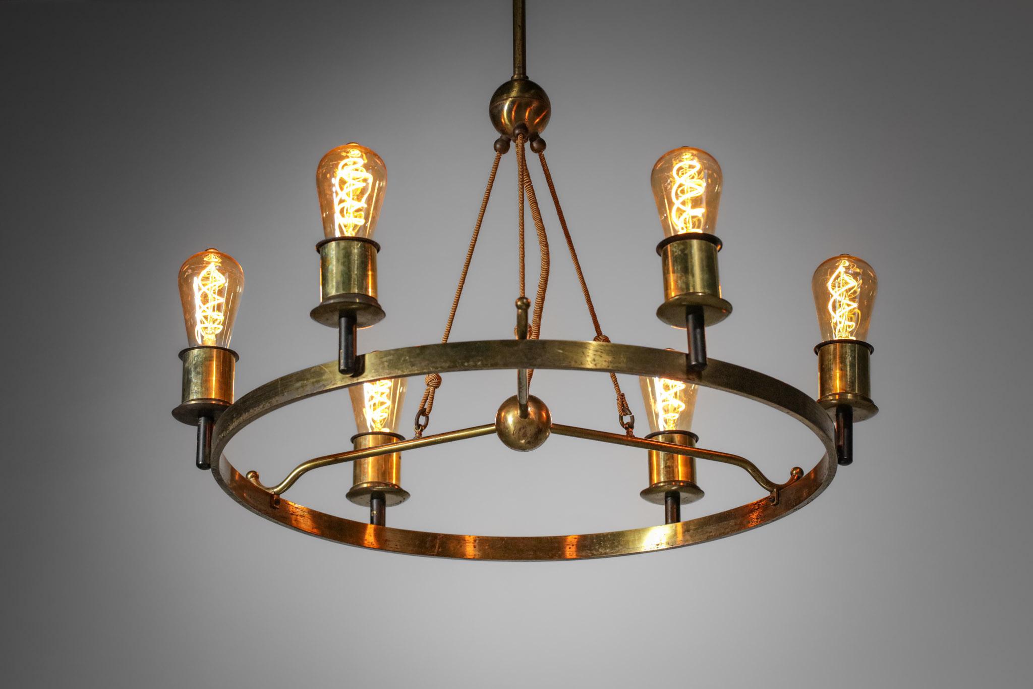Mid-Century Modern Modernist Chandelier 6 Bulbs 40's French Brass in Style of Jacques Quinet Design