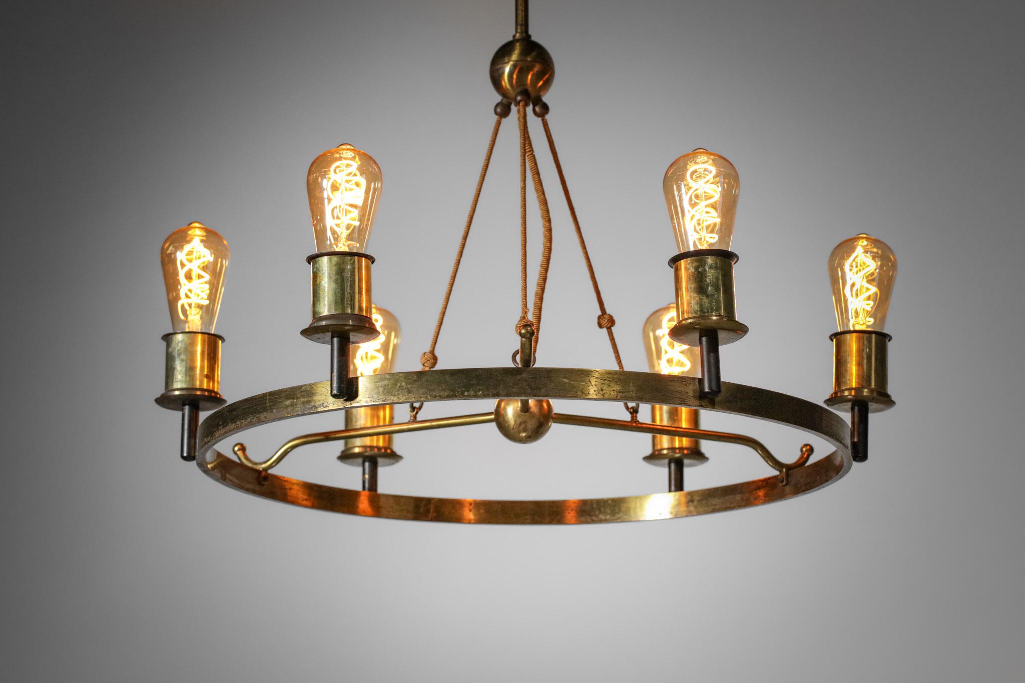 Modernist Chandelier 6 Bulbs 40's French Brass in Style of Jacques Quinet Design 2