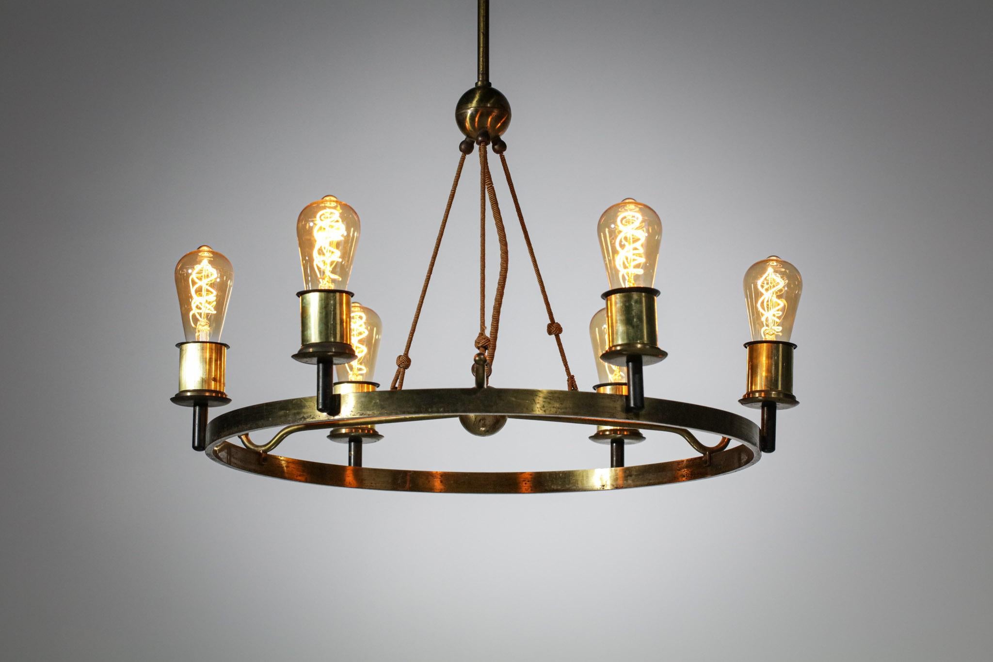 Modernist Chandelier 6 Bulbs 40's French Brass in Style of Jacques Quinet Design 3