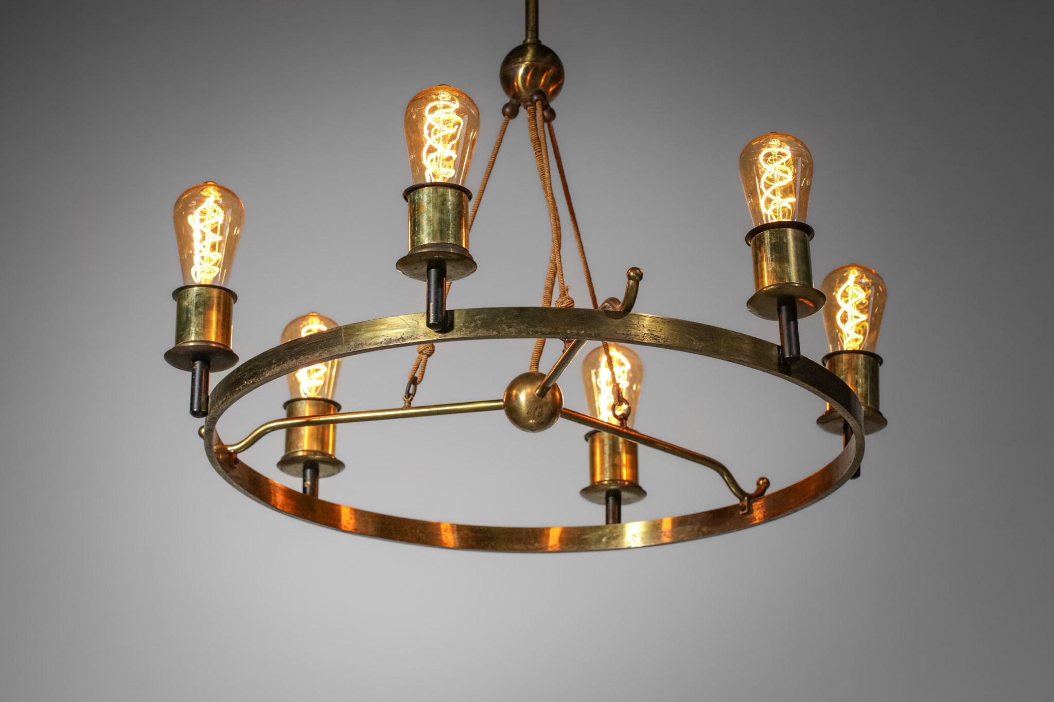 Modernist Chandelier 6 Bulbs 40's French Brass in Style of Jacques Quinet Design 4