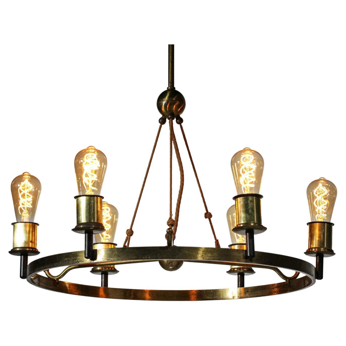 Modernist Chandelier 6 Bulbs 40's French Brass in Style of Jacques Quinet Design