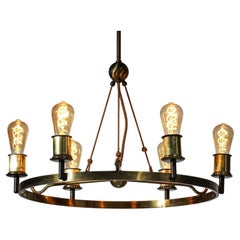 Modernist Chandelier 6 Bulbs 40
s French Brass in Style of Jacques Quinet Design