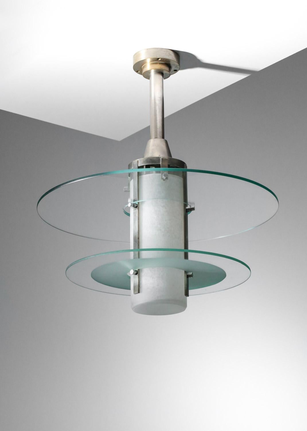 Milieu du XXe siècle Lustre moderniste français des années 30 et 40 nickelé en vente