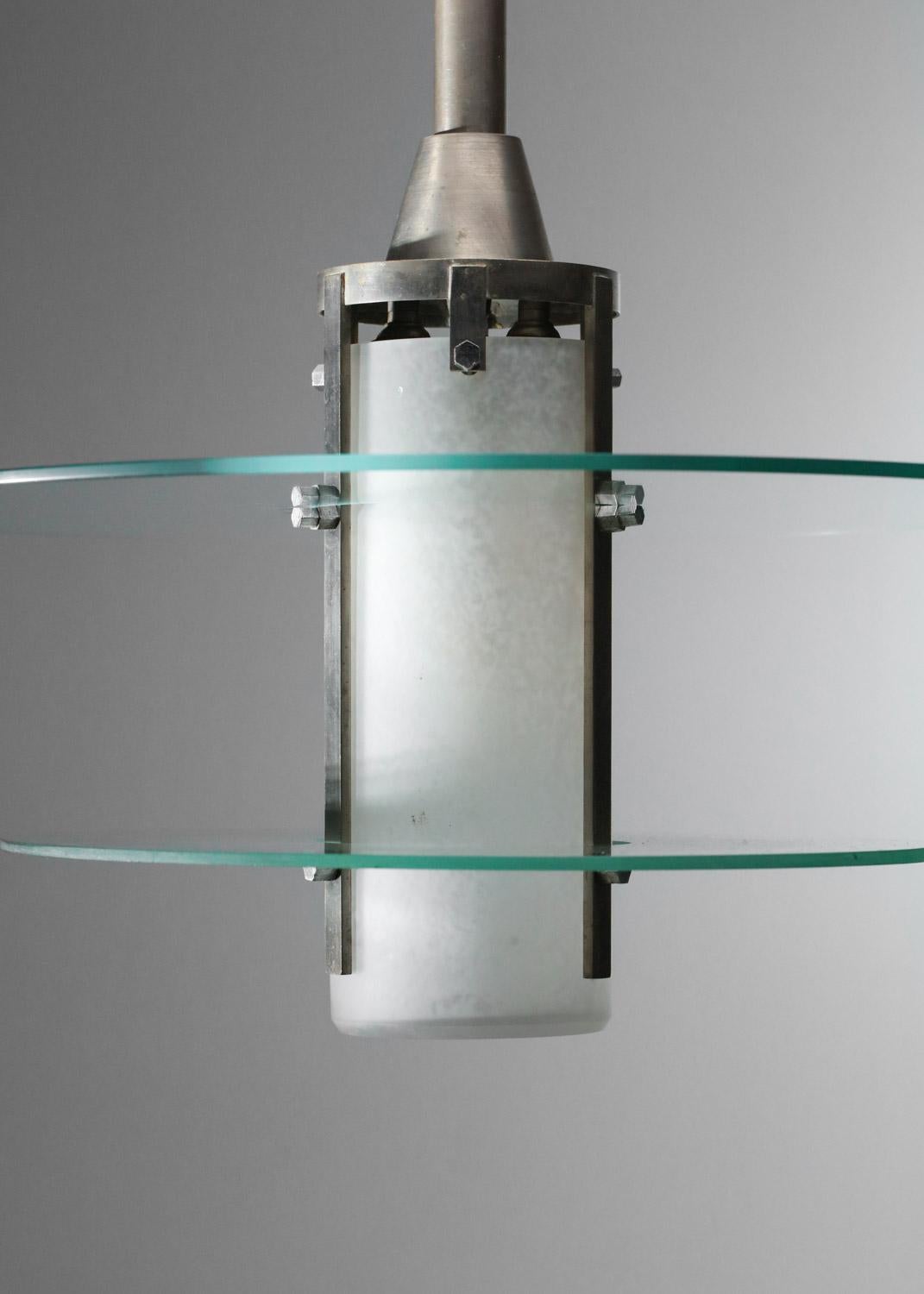 Lustre moderniste français des années 30 et 40 nickelé en vente 1